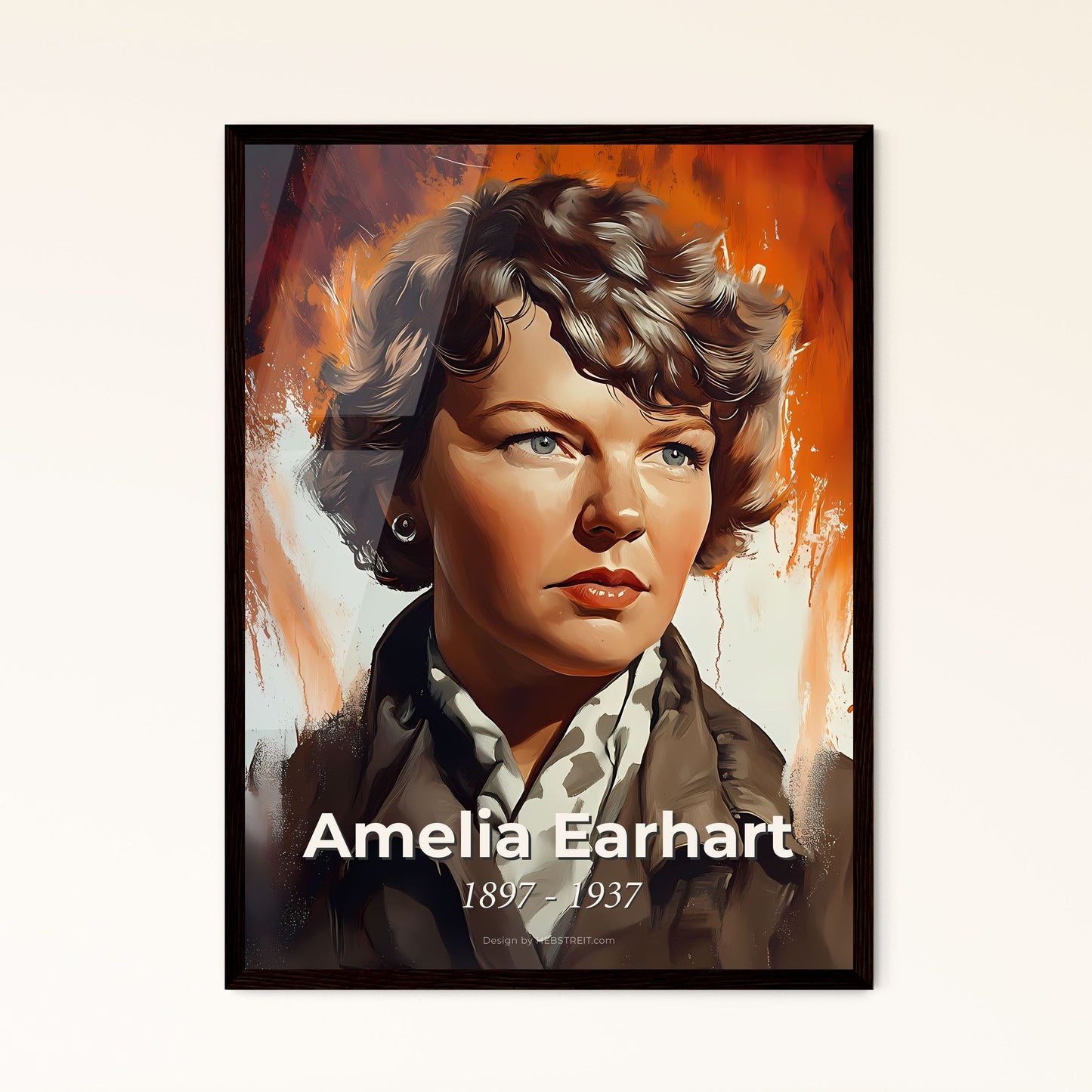 Portrait of Amelia Earhart, 1897 - 1937. Impressionistic painting of a woman with short curly hair wearing a coat and earrings.