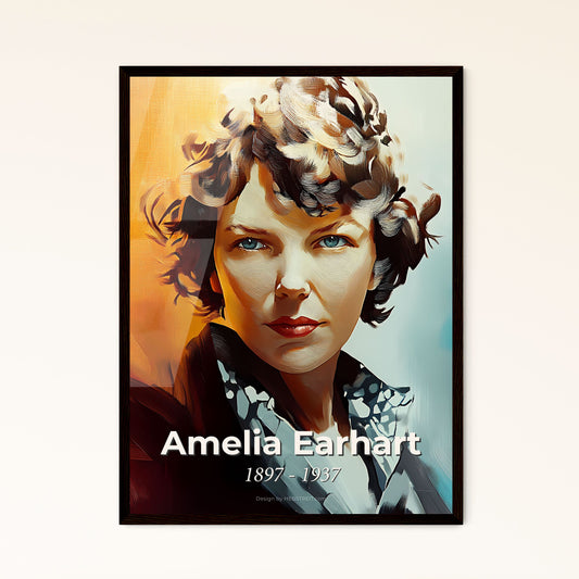 Portrait of Amelia Earhart, 1897 - 1937. Impressionistic painting of a woman with curly hair.