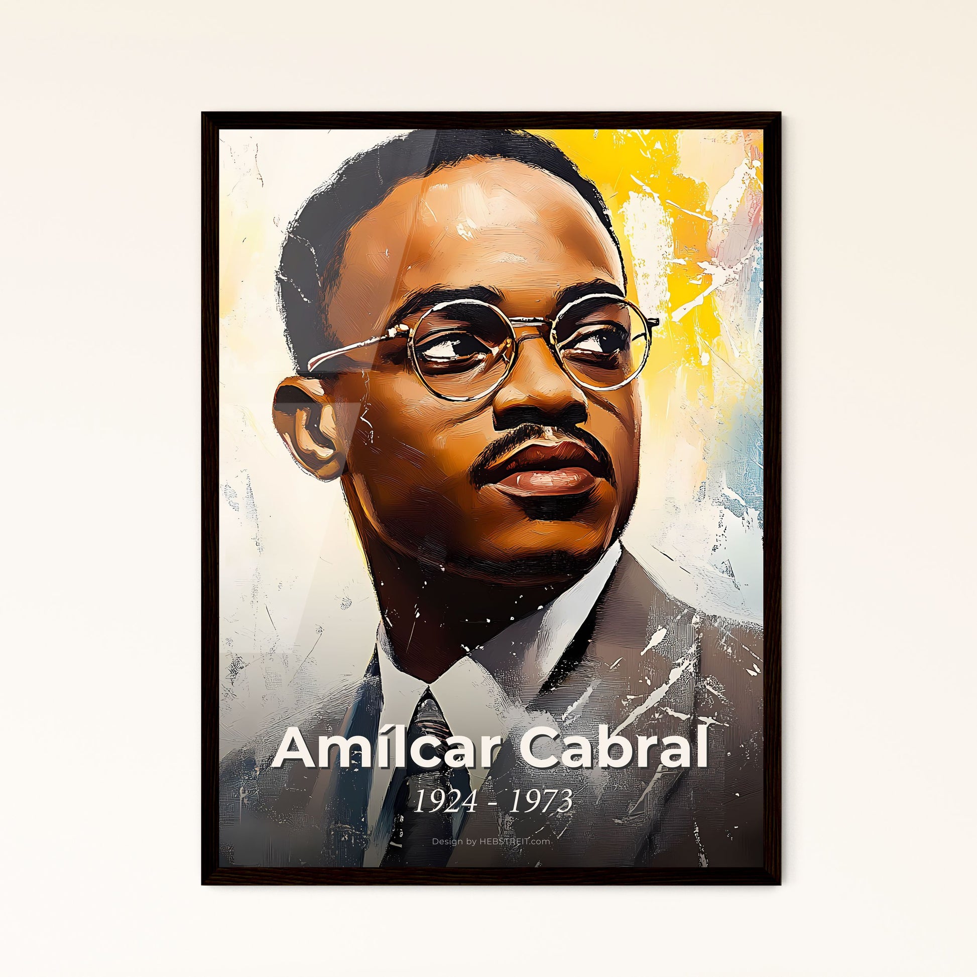 Portrait of Amílcar Cabral, 1924 - 1973. Impressionistic painting of a man wearing glasses and a suit.