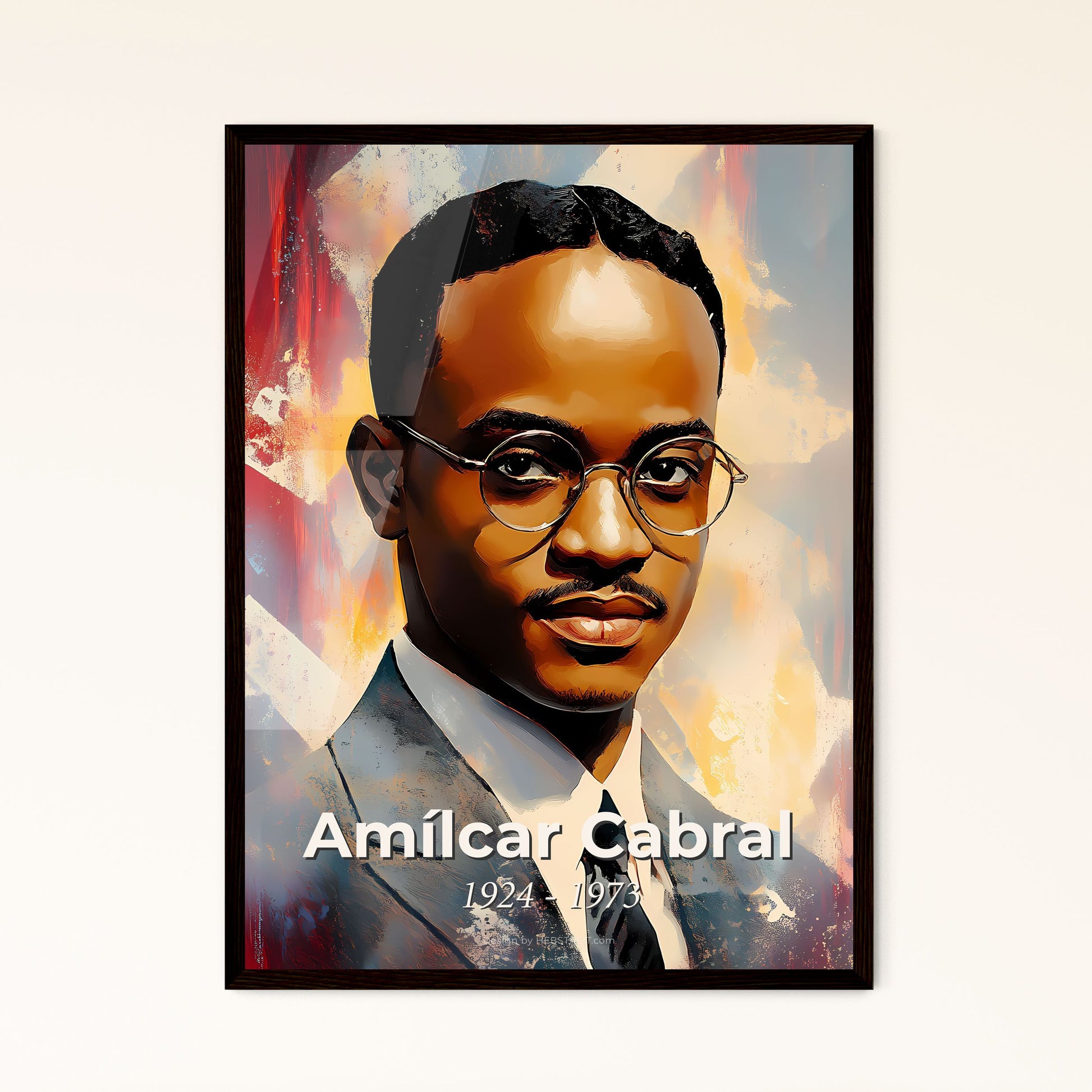 Portrait of Amílcar Cabral, 1924 - 1973. Impressionistic painting of a man wearing glasses and a suit.