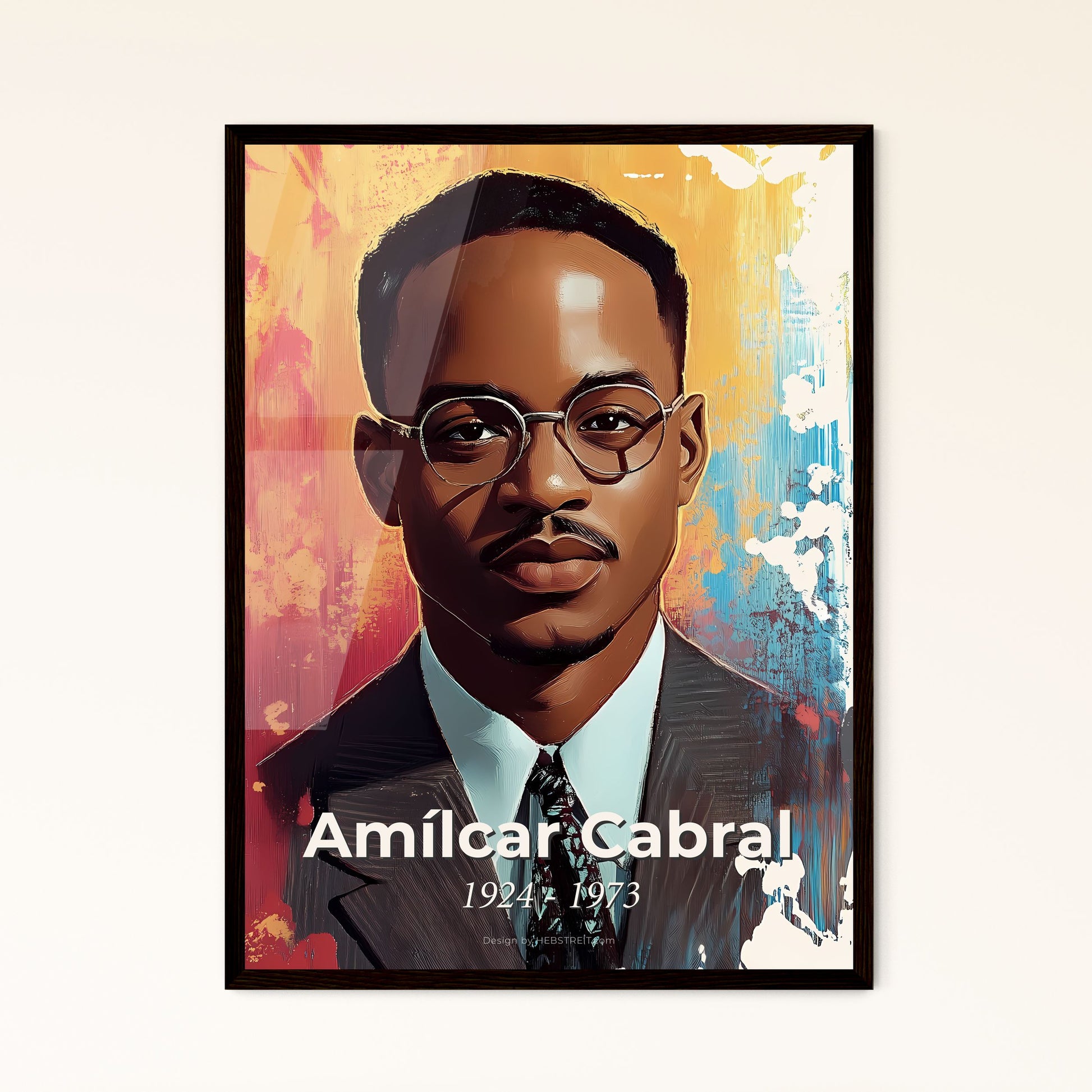 Portrait of Amílcar Cabral, 1924 - 1973. Impressionistic painting of a man wearing glasses and a suit.