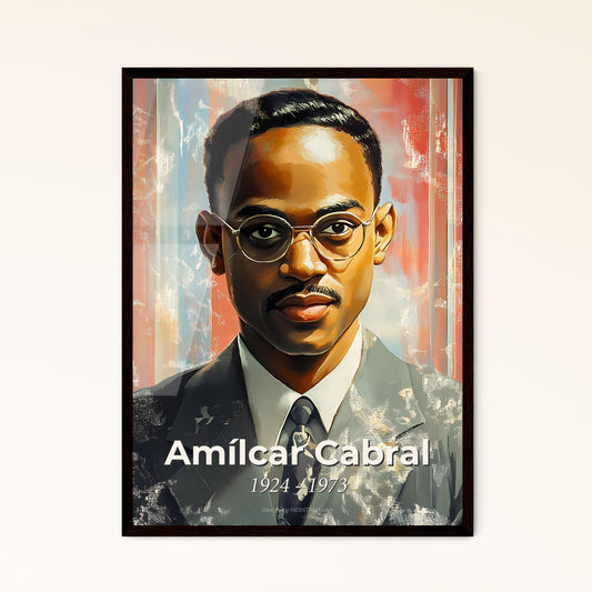 Portrait of Amílcar Cabral, 1924 - 1973. Impressionistic painting of a man wearing glasses and a suit.