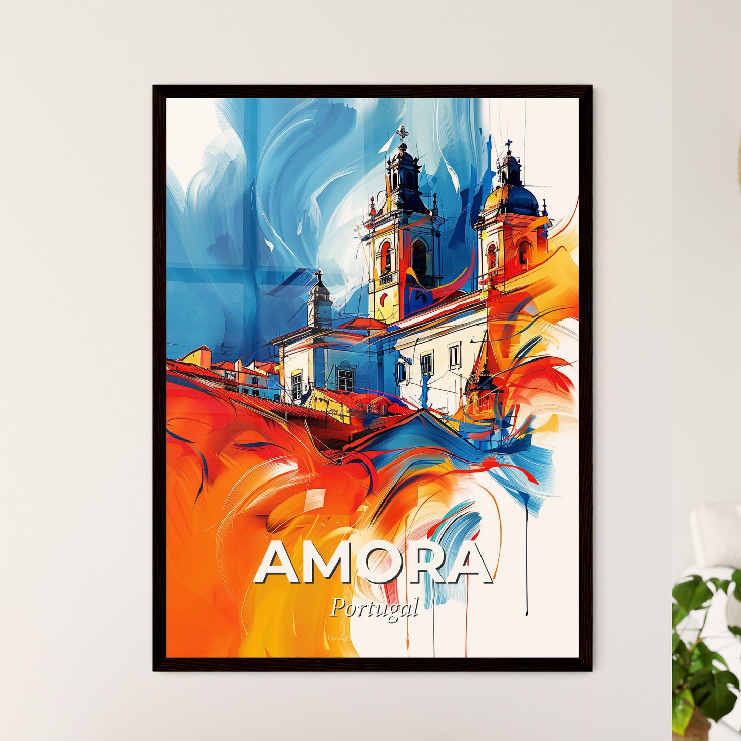 Vibrant Amora, Portugal - A Painting Of A Building With A Colorful Background