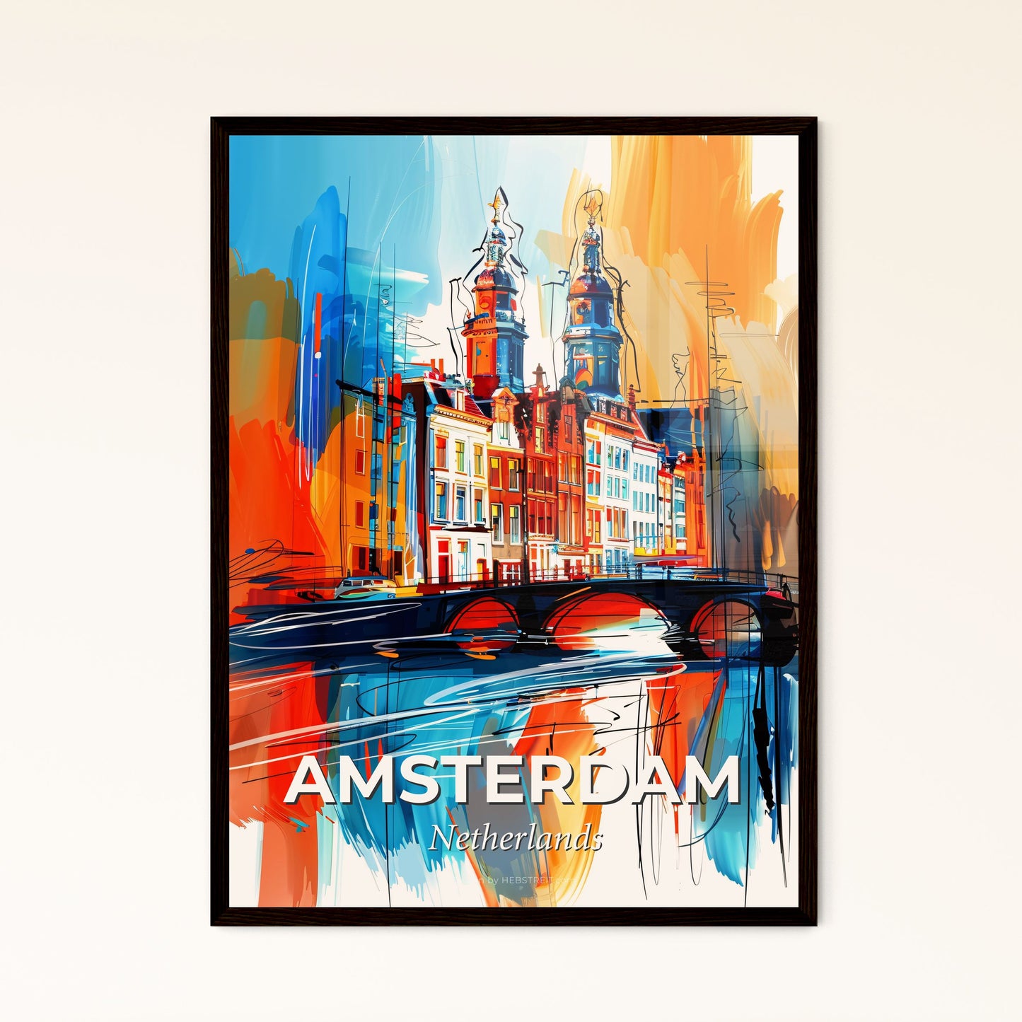 Vibrant Amsterdam, Netherlands - A Painting Of A Building And A Bridge