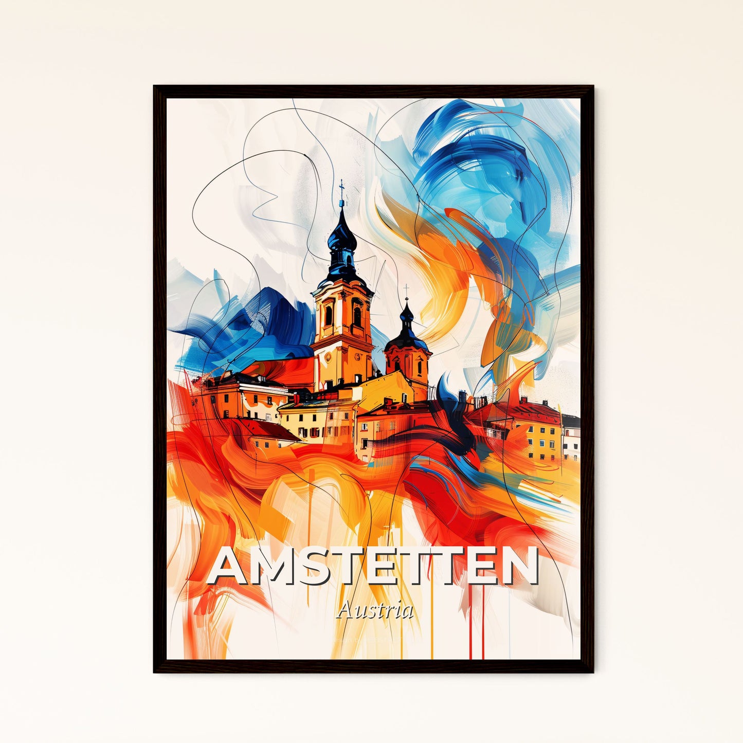 Vibrant Amstetten, Austria - A Painting Of A Building With A Tower And Colorful Smoke