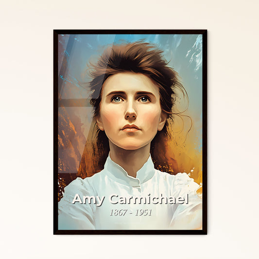 Portrait of Amy Carmichael, 1867 - 1951. Impressionistic painting of a woman with long hair and a white shirt.