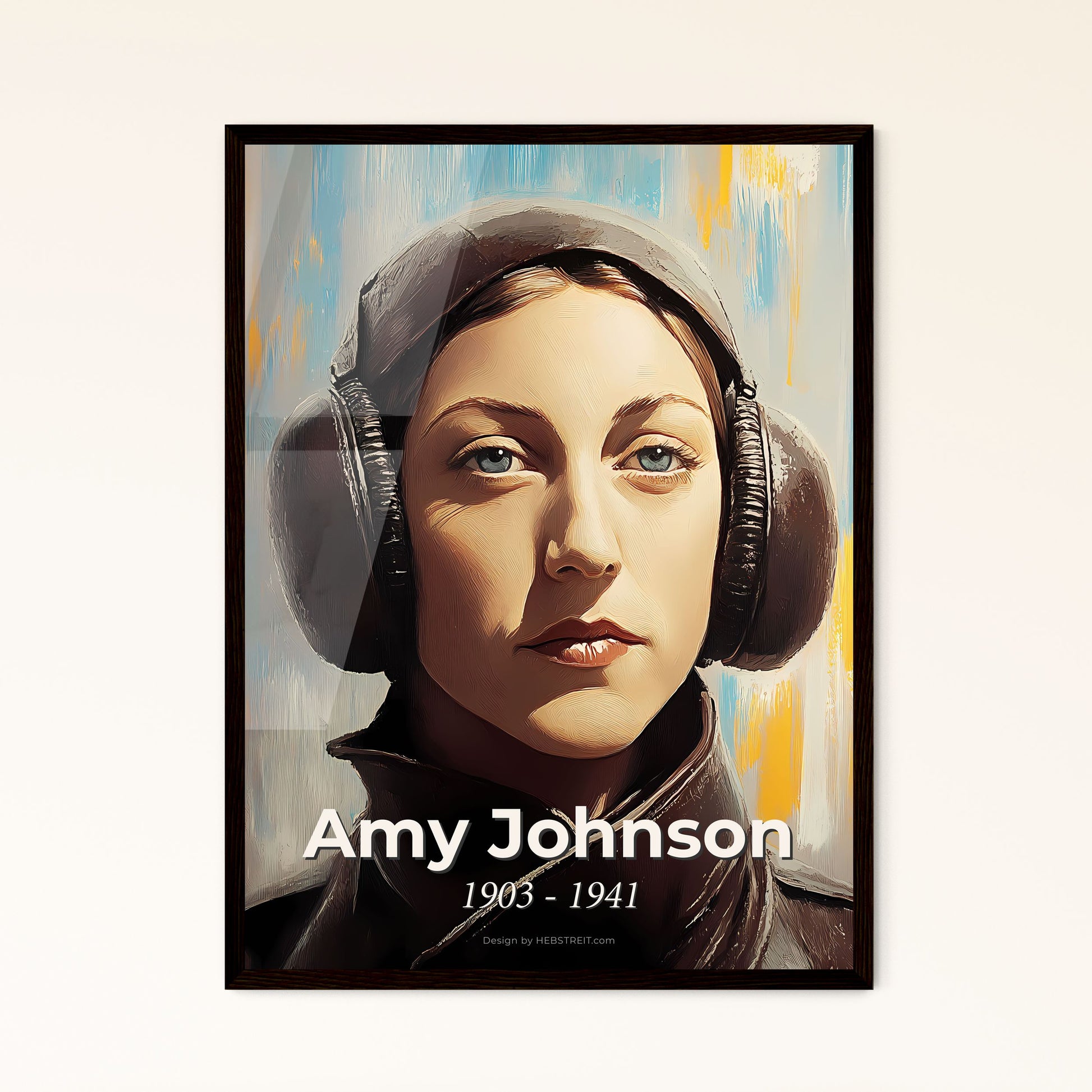 Portrait of Amy Johnson, 1903 - 1941. Impressionistic painting of a woman wearing headphones.