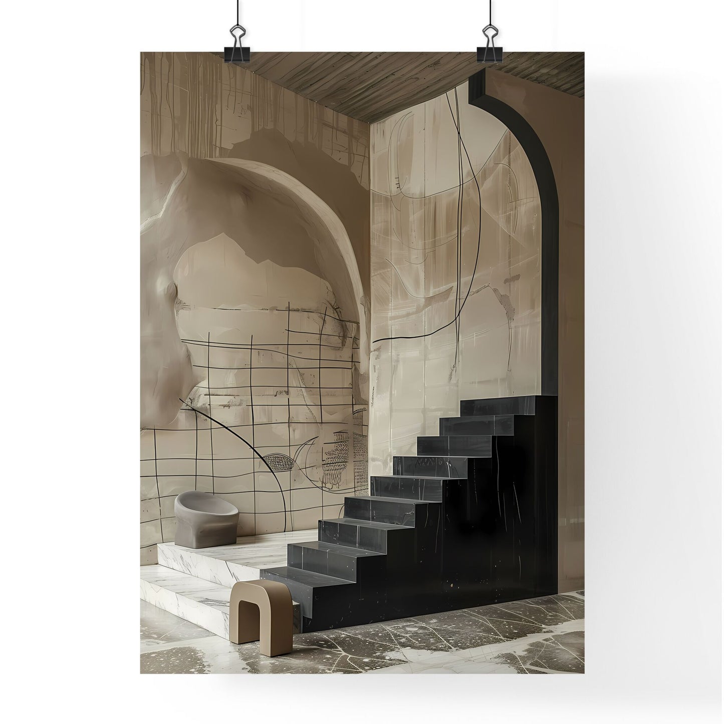Textured Black and White Abstract Staircase Painting with Curvilinear Forms and Serene Simplicity Default Title