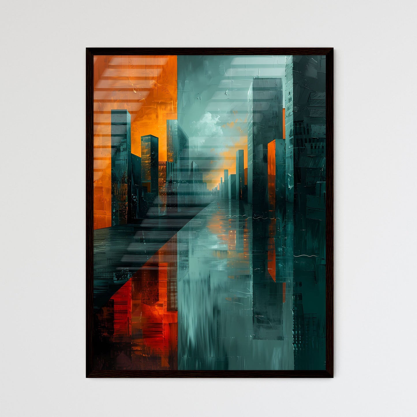 Abstract Cityscape Painting: Vibrant Cubist-Inspired Skyline with Orange and Grey Sky Framed Art