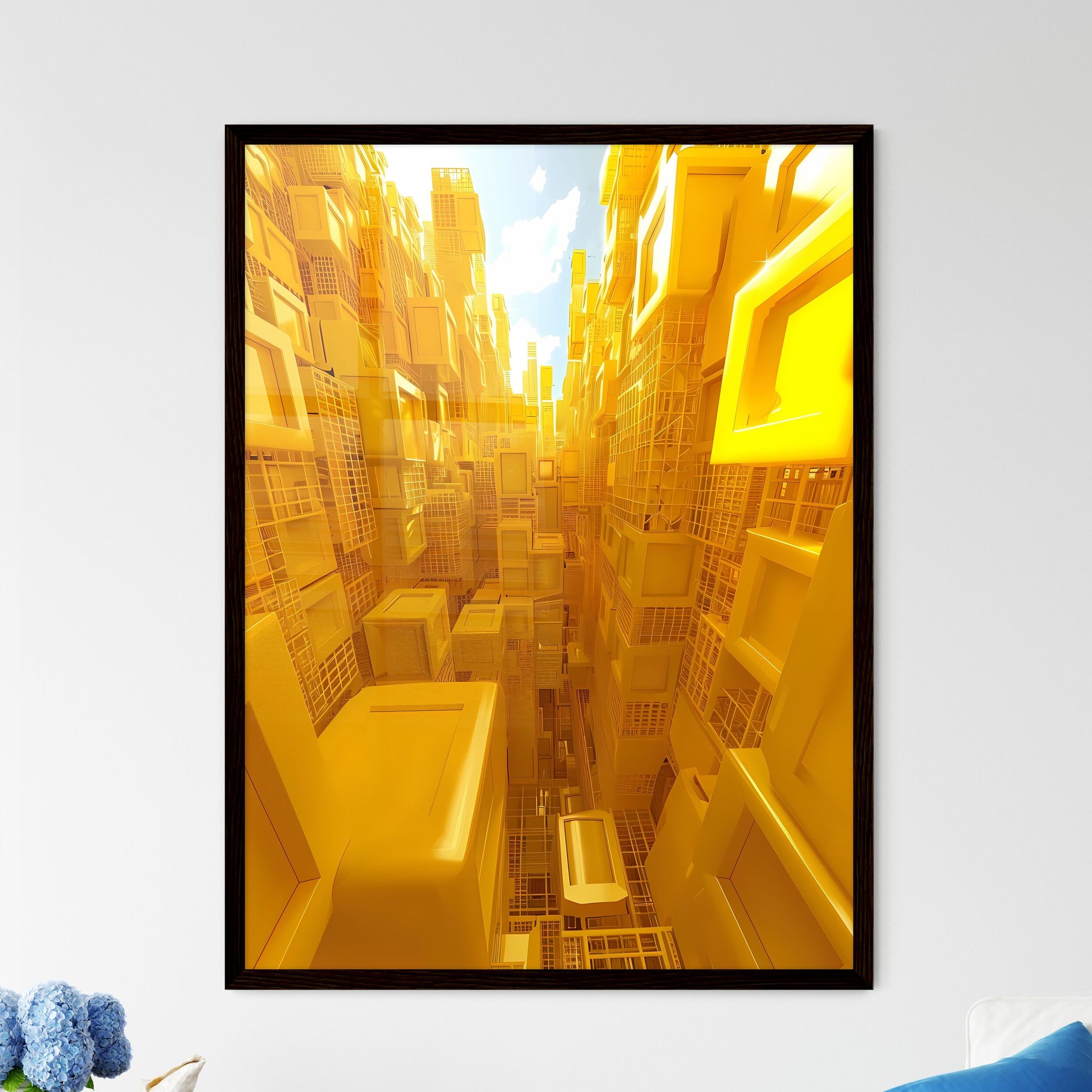 Abstract De Stijl Painting with Geometric Yellow Shapes in Urban Setting Framed Art