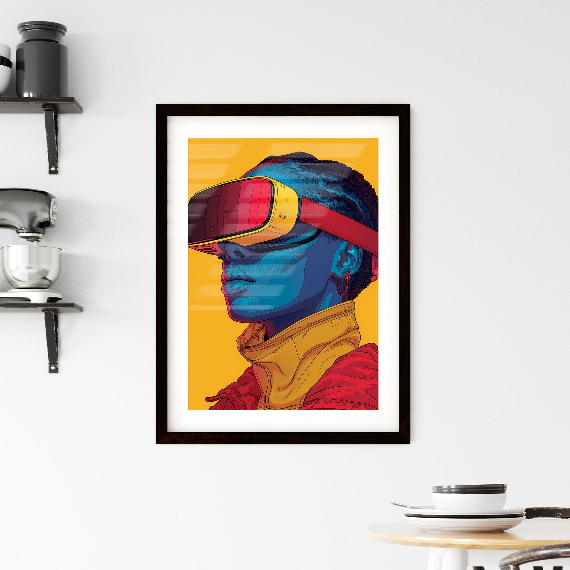 African woman wearing VR headset immersed in vibrant abstract art with modern African design in pastel colors, showcasing female empowerment and technology Default Title