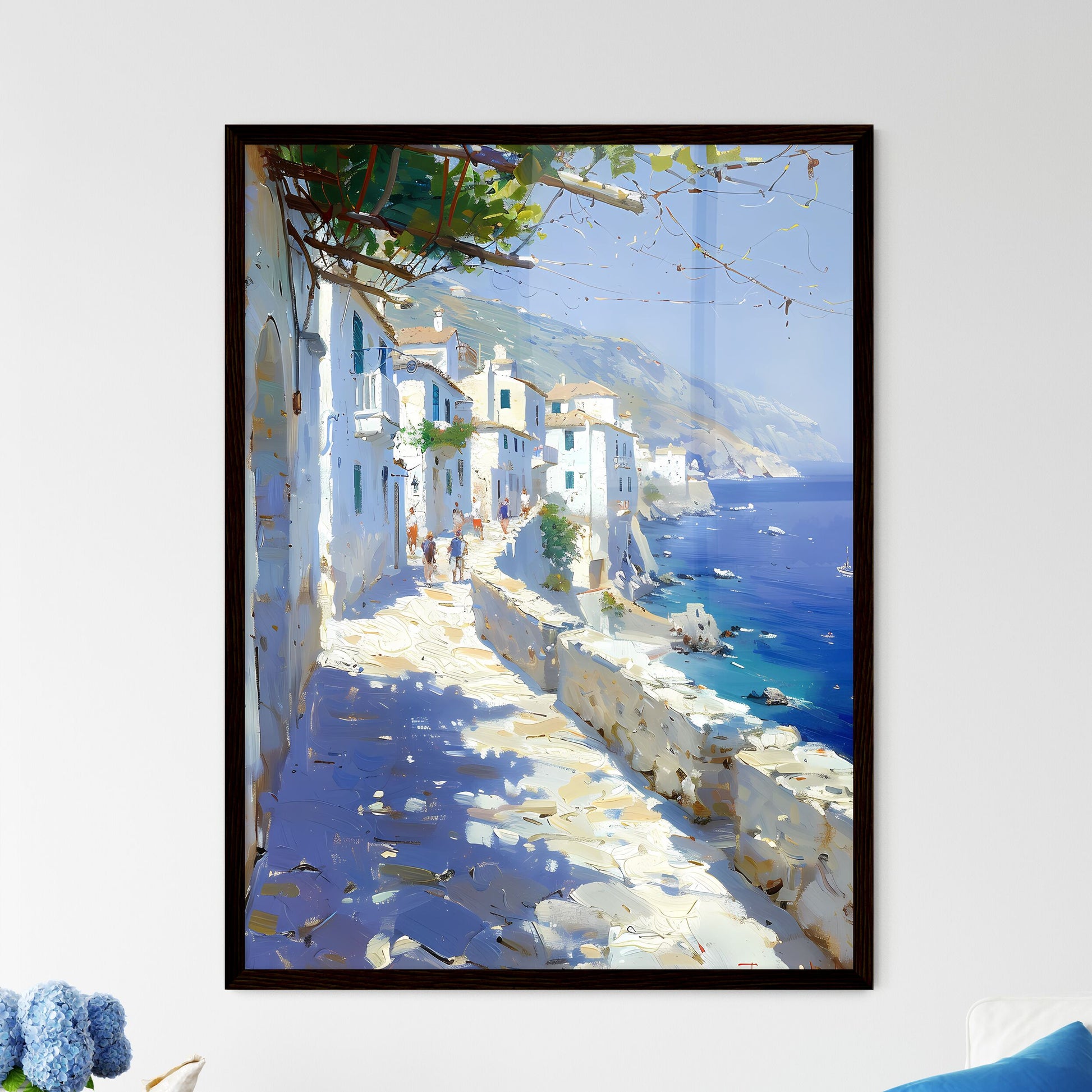 Impressionist Trattoria Scene: Vibrant Dining Amidst Stone Paths, Water, and Warm Sunlight Framed Art