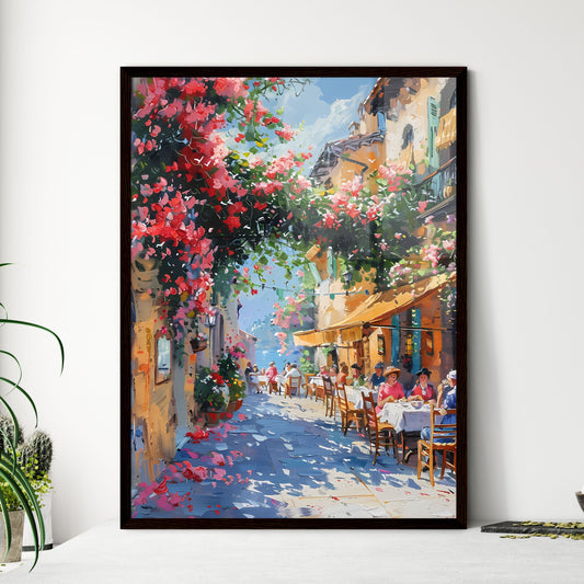 Impressionist Italian Trattoria Scene 1798: Midday Dining Joy, Pasta, Cozy Ambiance, Sunlight, Vine-Covered Pergola Framed Art