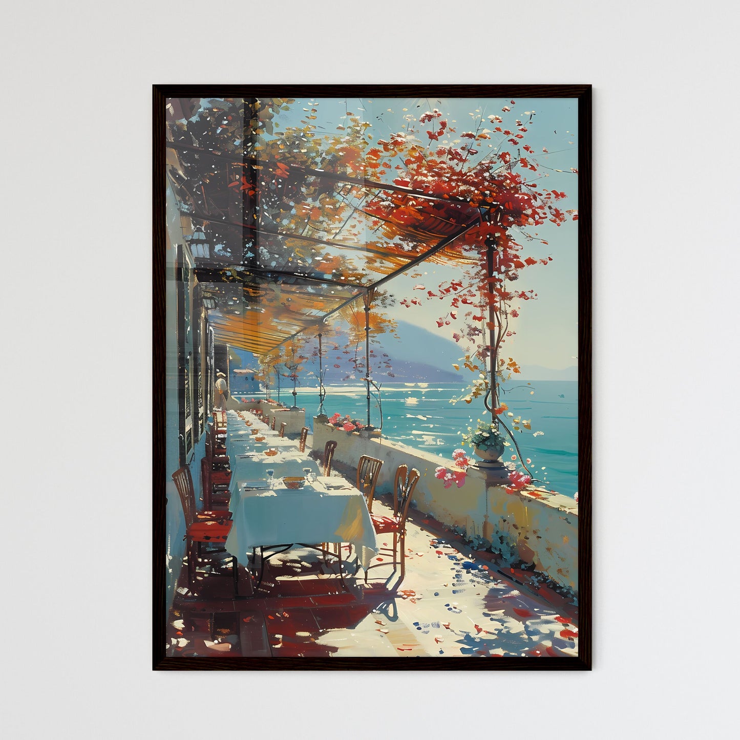 Impressionist Italian Trattoria Dining Scene, Midday 1798, Cozy Ambiance, Ocean View, Painting, Art Framed Art