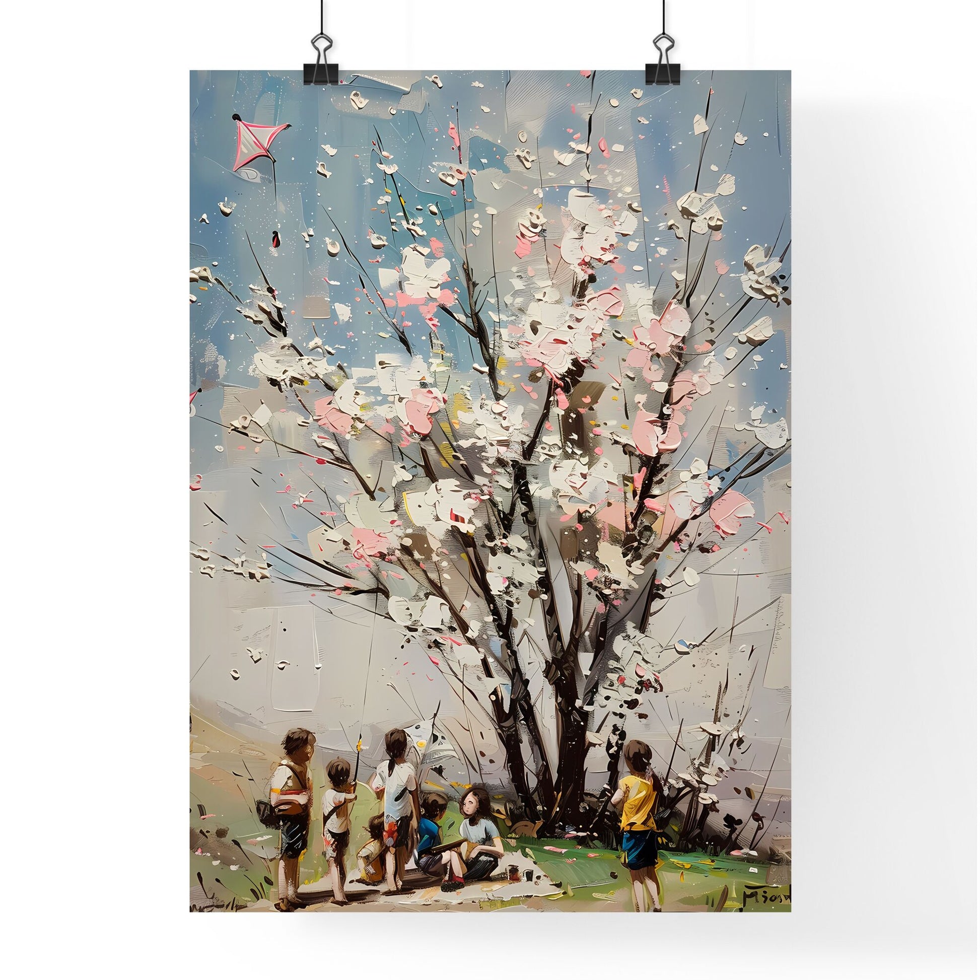 Oil painting spring picnic cherry blossom kites flowers Default Title