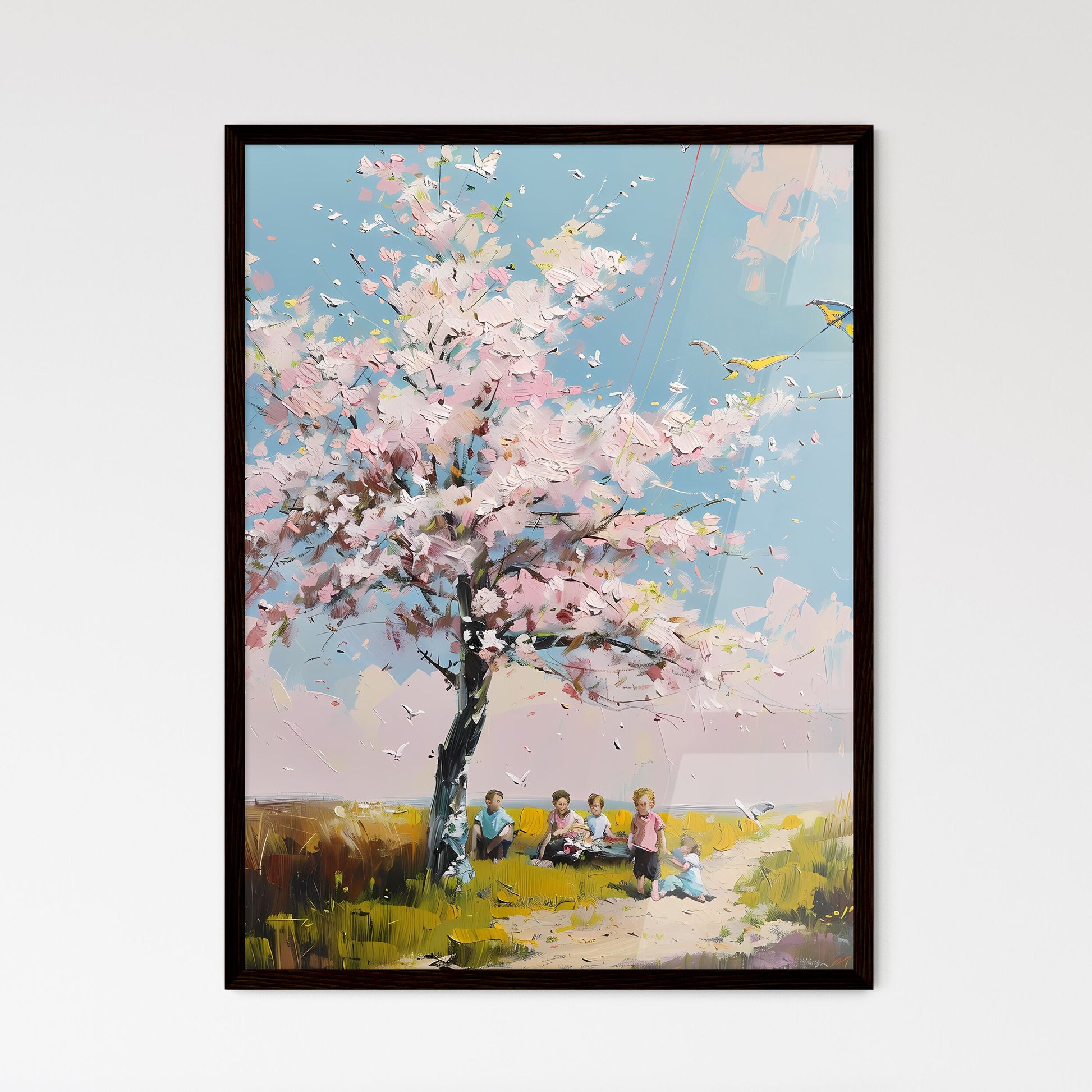 Impressionistic Spring Picnic Under Cherry Tree with Kite-Flying Children and Pink Blossoms Default Title