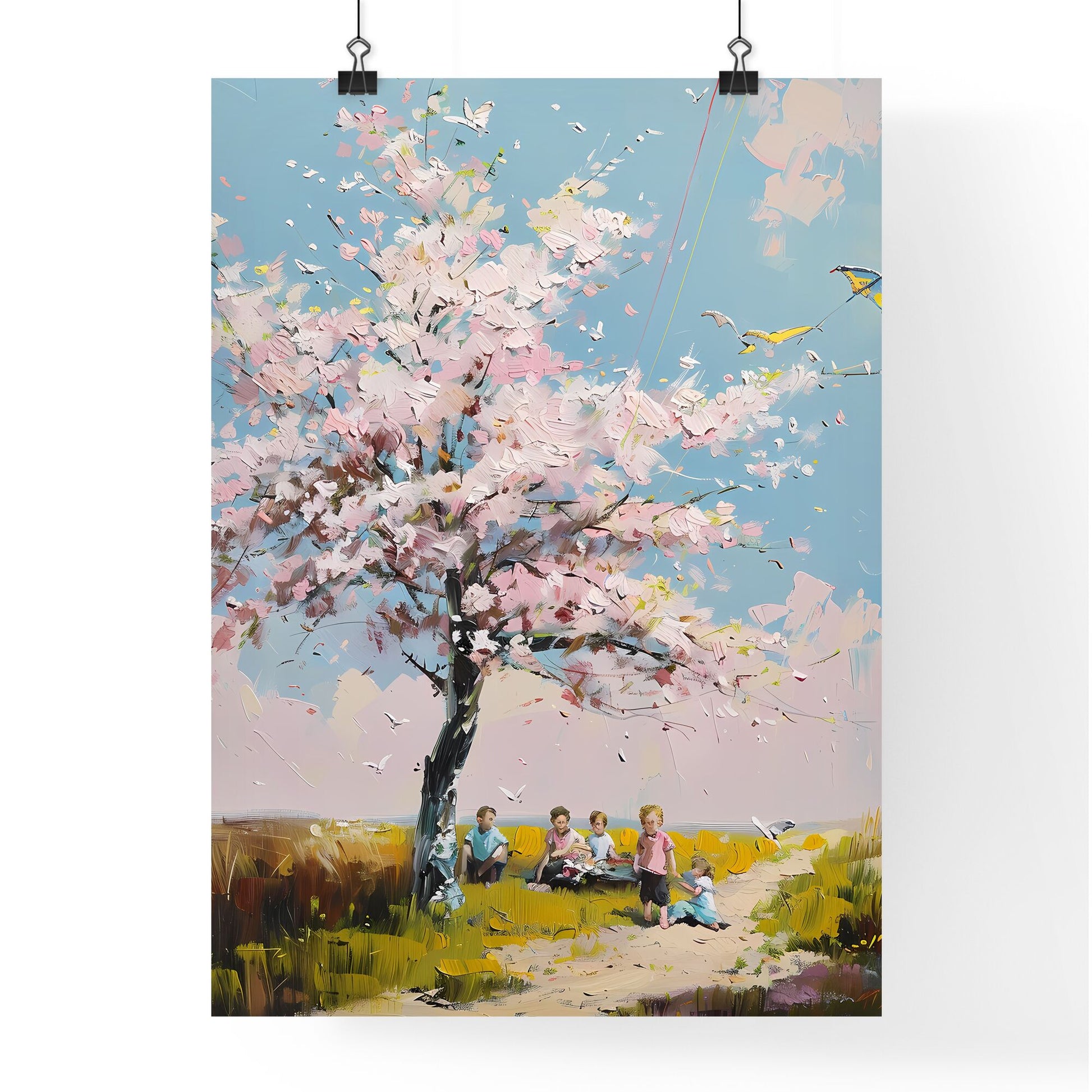 Impressionistic Spring Picnic Under Cherry Tree with Kite-Flying Children and Pink Blossoms Default Title