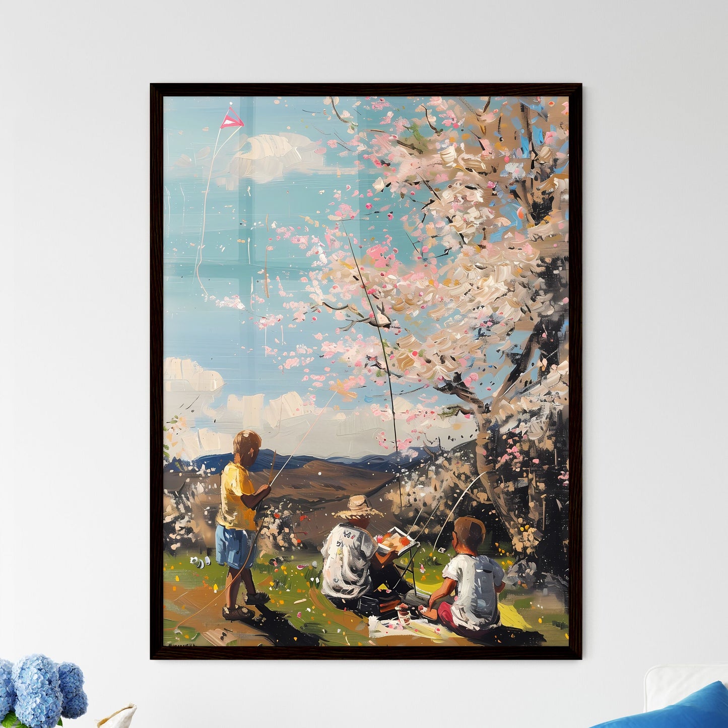 Vibrant Oil Painting: Springtime Picnic under Blossoming Cherry Tree with Kite Flying Children and Group Gathering Default Title