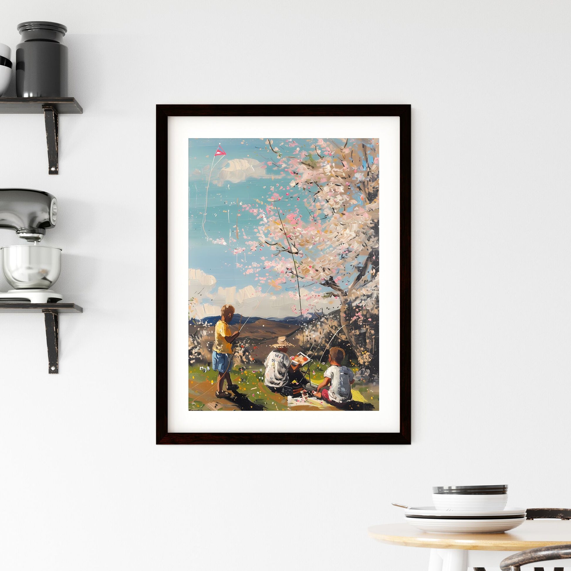 Vibrant Oil Painting: Springtime Picnic under Blossoming Cherry Tree with Kite Flying Children and Group Gathering Default Title
