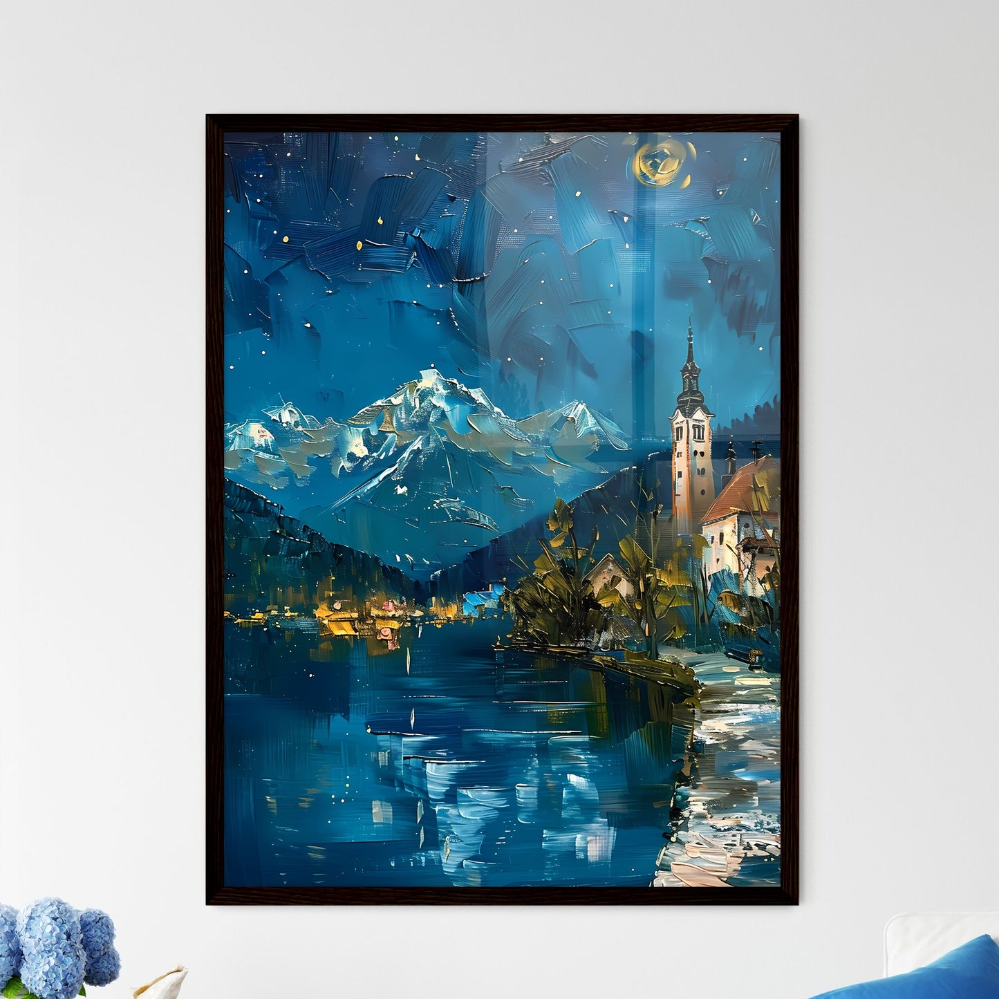 Impasto Oil Painting of Bled Lake and Castle Depicting a Lakefront Town at Night in Spring Framed Art
