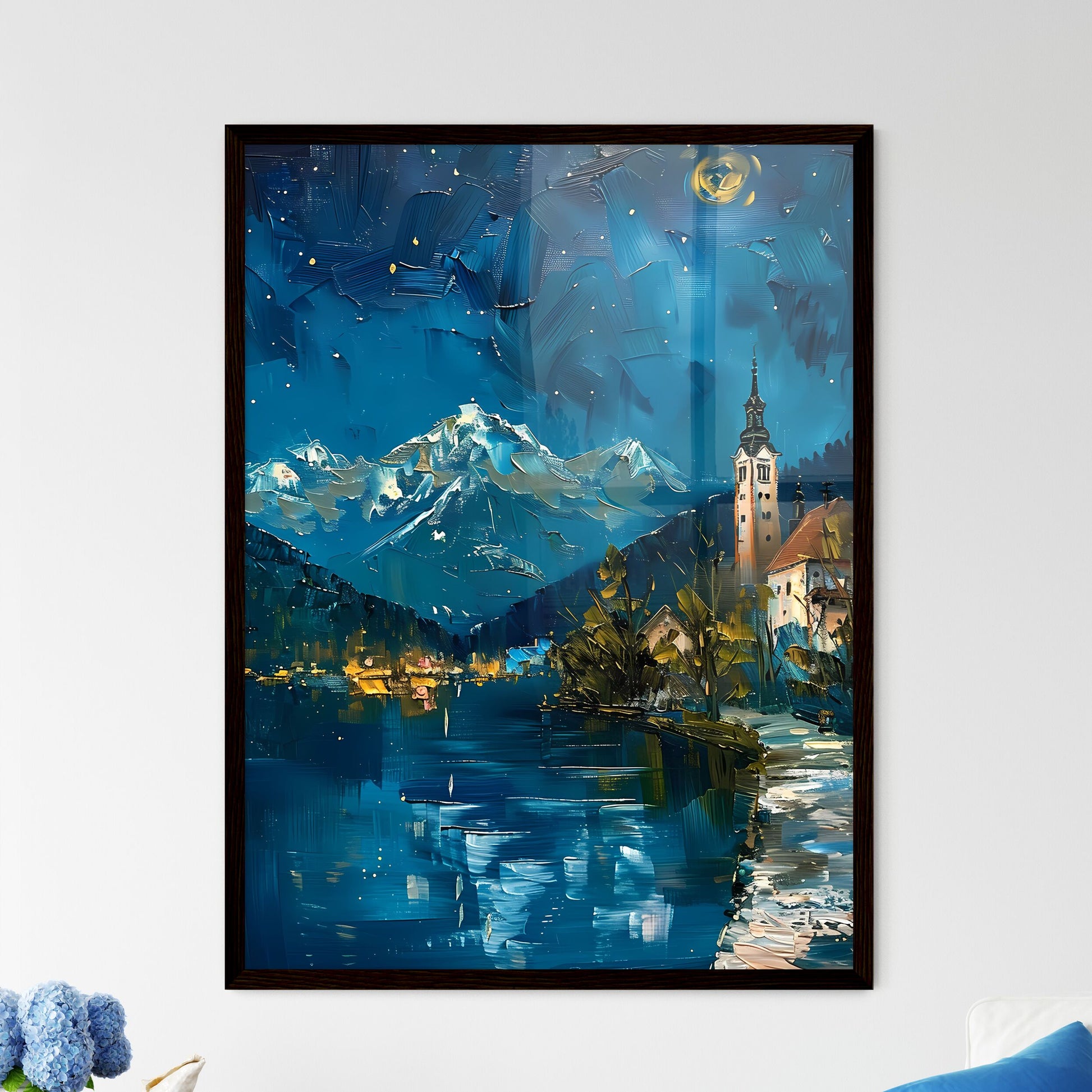 Impasto Oil Painting of Bled Lake and Castle Depicting a Lakefront Town at Night in Spring Framed Art