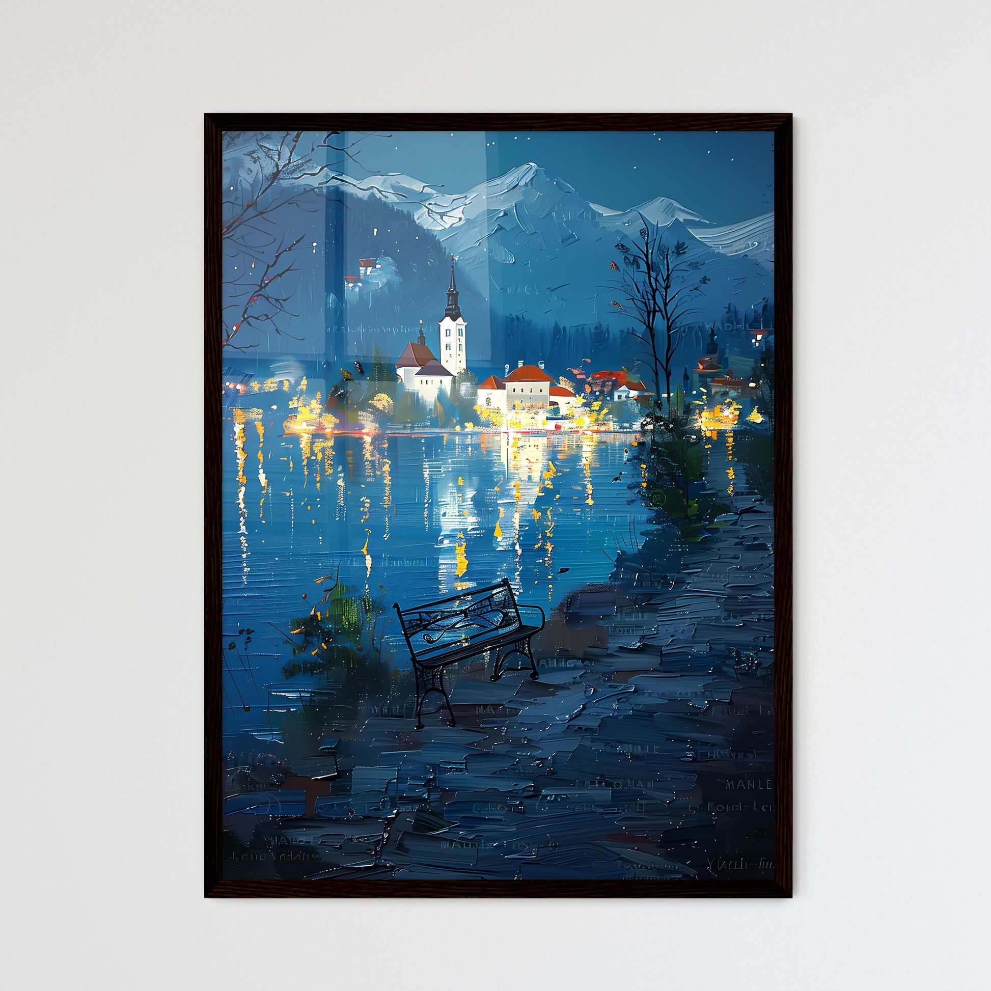 Impasto oil painting on canvas of Bled Lake and castle at night in spring with a bench by the lake Framed Art