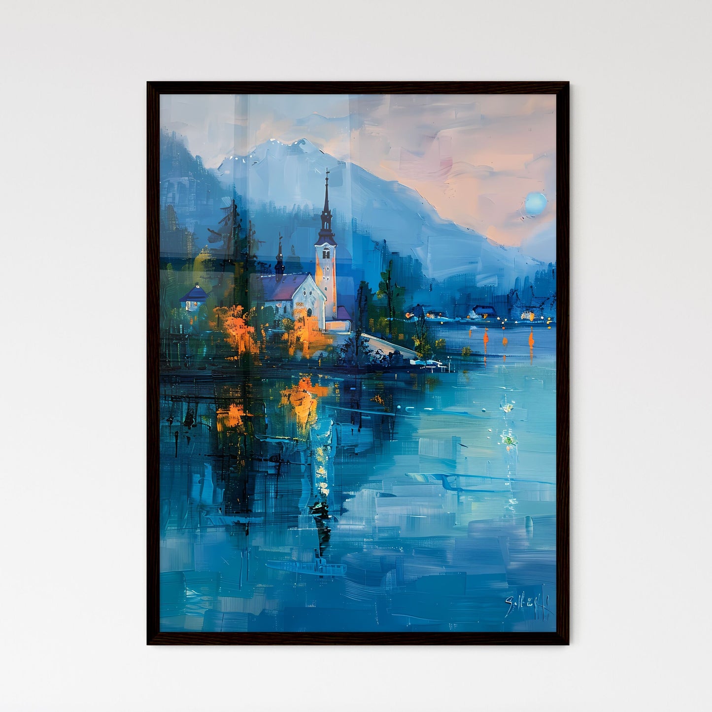 Vibrant Impasto Oil Painting of Bled Lake and Castle - Night Scene in Spring - Church on a Lake Framed Art