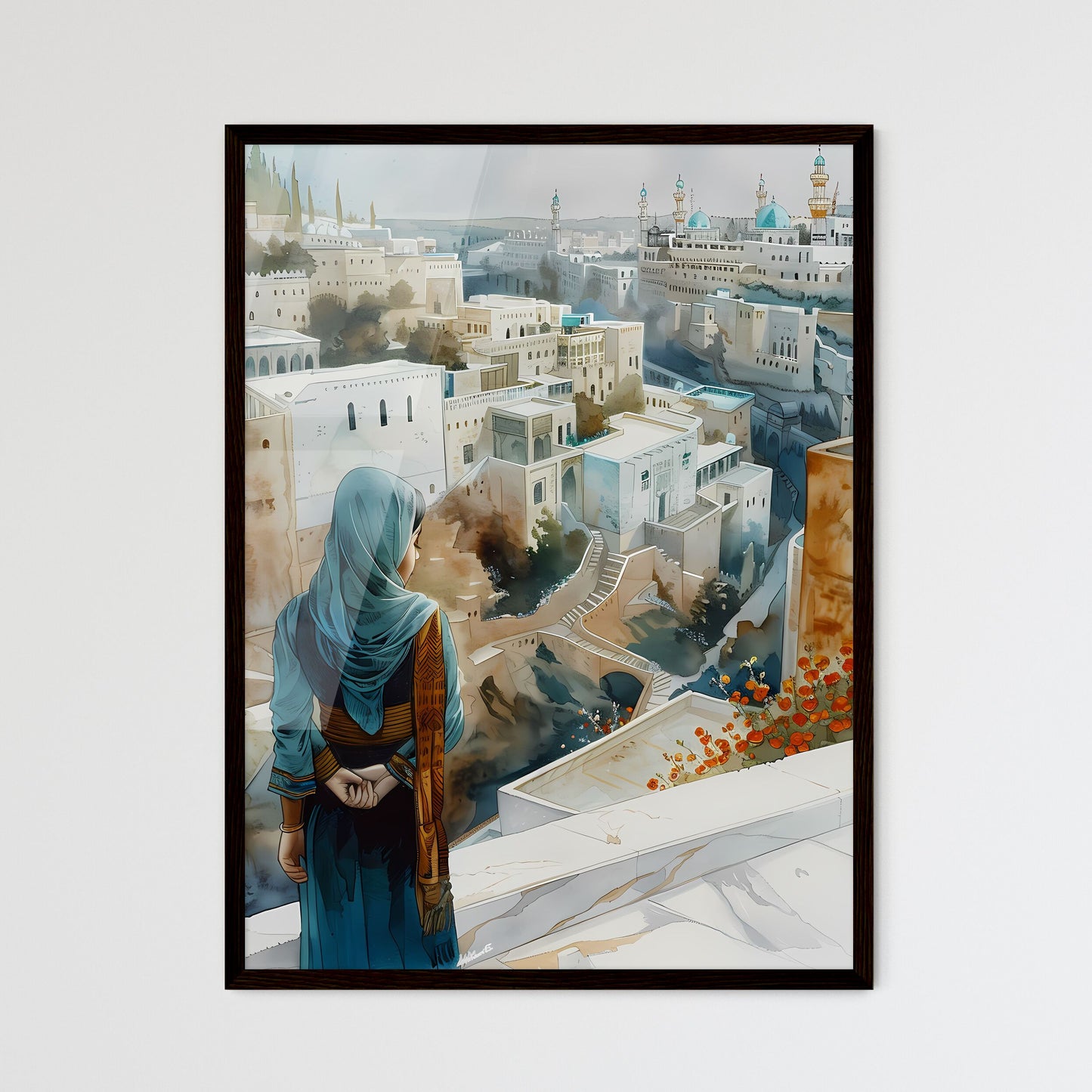 Modern Cityscape Painting: Urban Architecture, Marble Structures, Floral Garden, Figurative Woman, Terraced Landscapes Framed Art