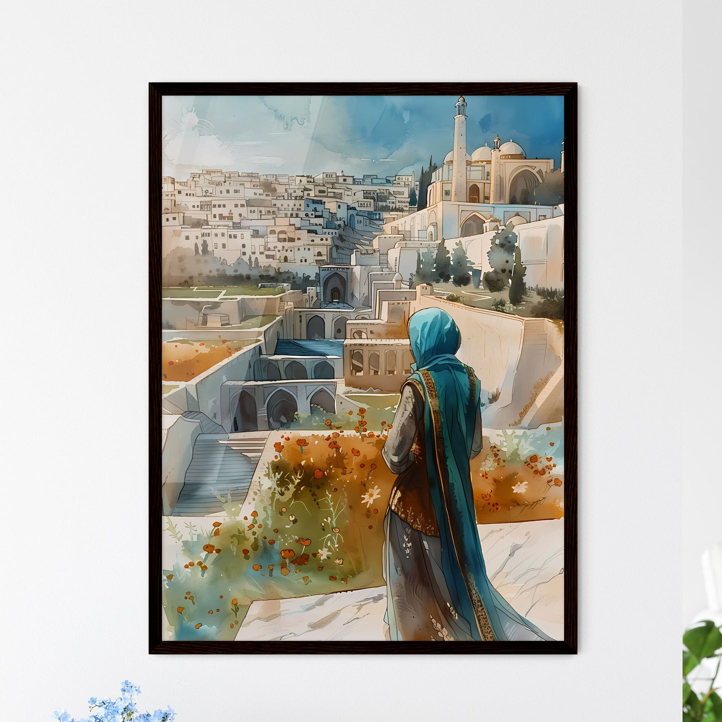 Vibrant Painting of a Cityscape with a Woman in a Blue Scarf, Depicting Modern Architecture, White Marble Buildings, and a Flower Garden in Traditional Figurative Art Style Default Title