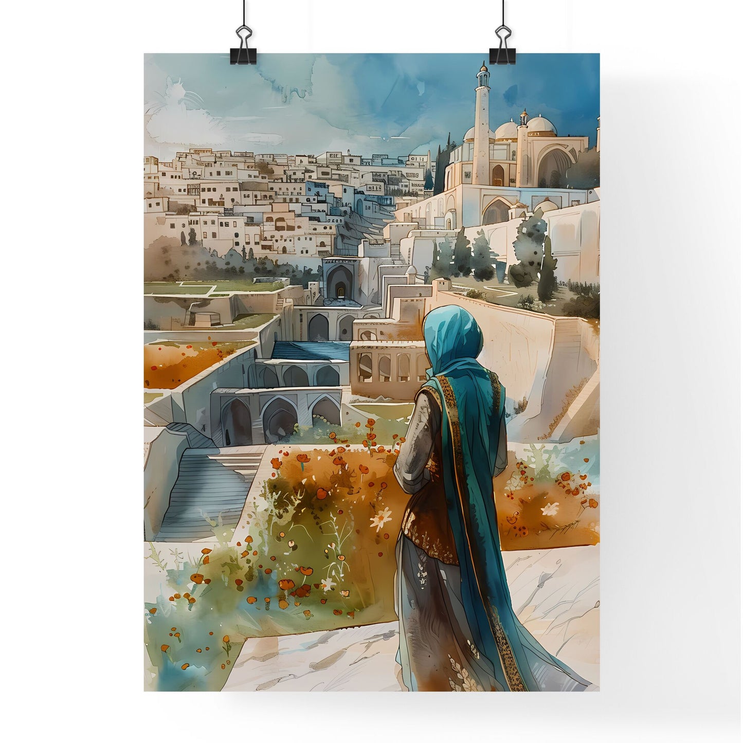 Vibrant Painting of a Cityscape with a Woman in a Blue Scarf, Depicting Modern Architecture, White Marble Buildings, and a Flower Garden in Traditional Figurative Art Style Default Title