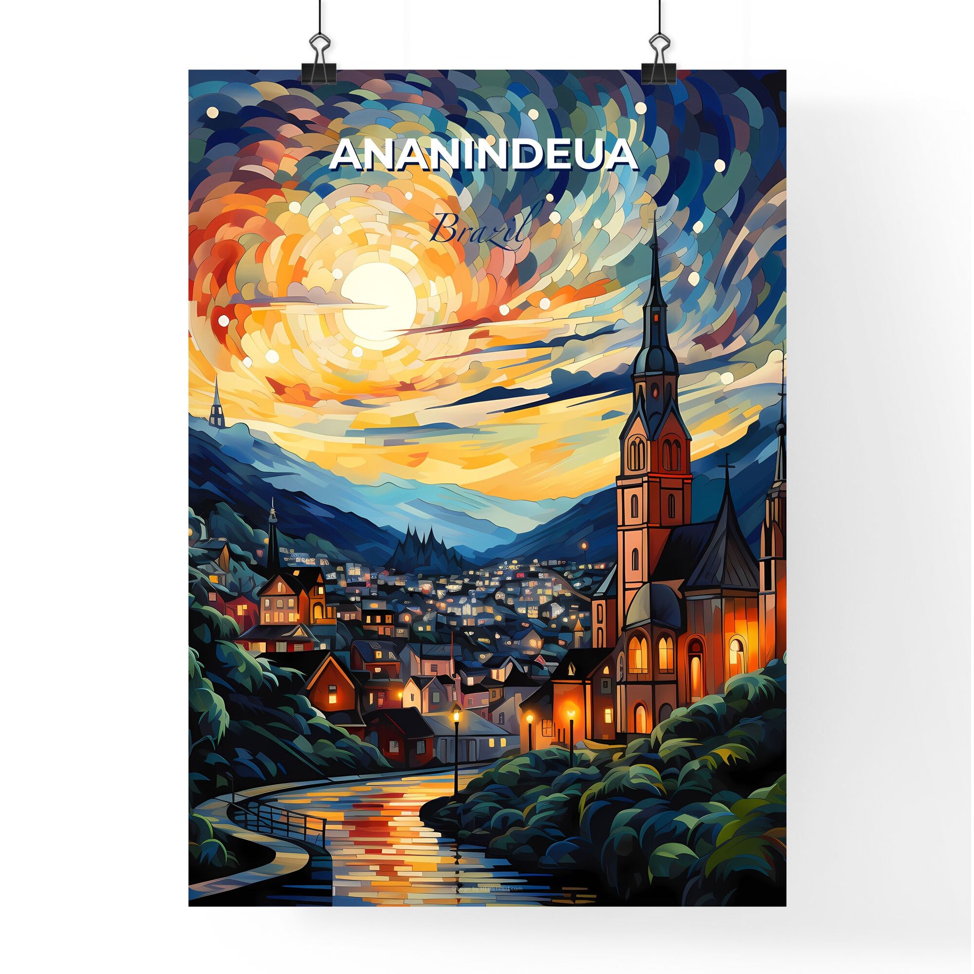 Ananindeua Brazil Skyline Painting: Colorful Art Depiction of Riverfront City and Church Default Title