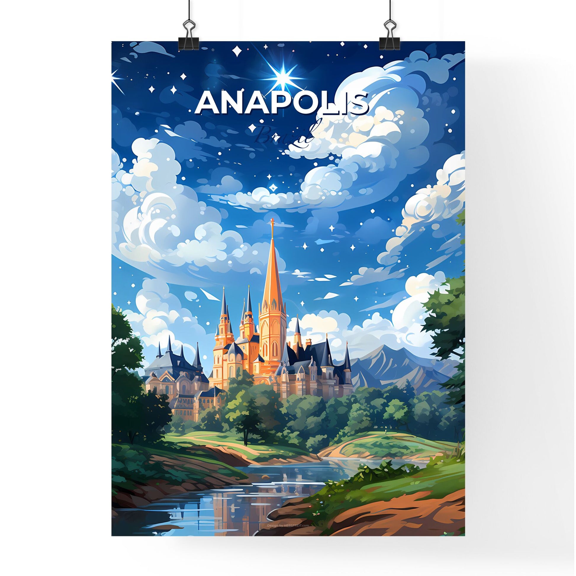 Anapolis Brazil Cityscape Painting Artistic Skyline Riverside Castle Trees Watercolor Vivid Colorful Default Title