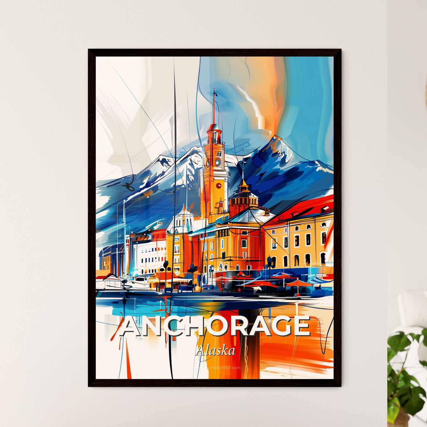 Vibrant Anchorage, Alaska - A Painting Of A Building And Mountains