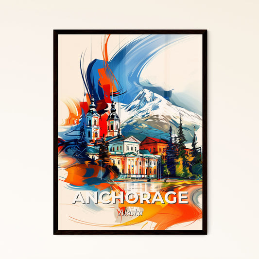 Vibrant Anchorage, Alaska - A Painting Of A Building With A Mountain In The Background