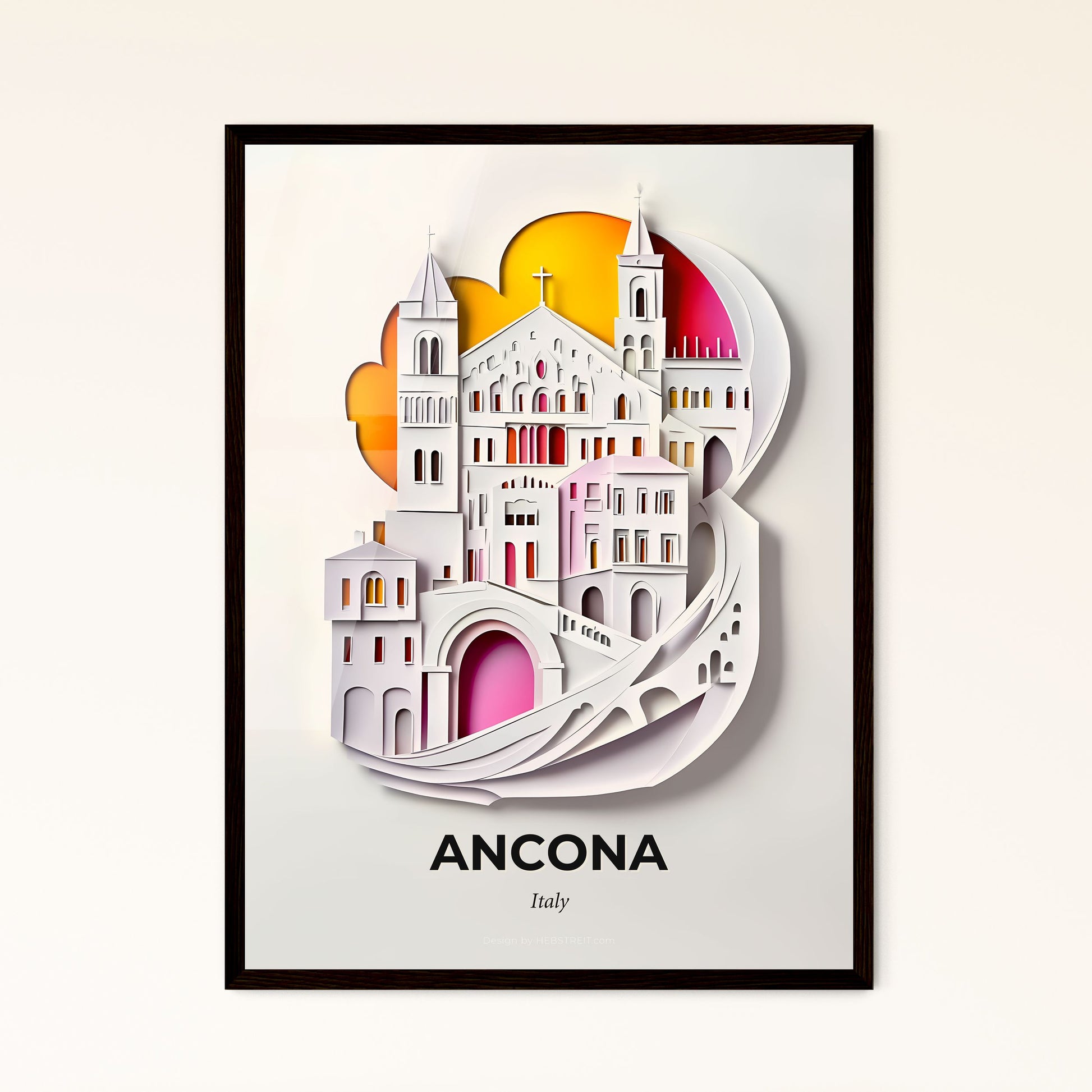 Vivid Ancona, Italy - a paper cut of a church and a bridge