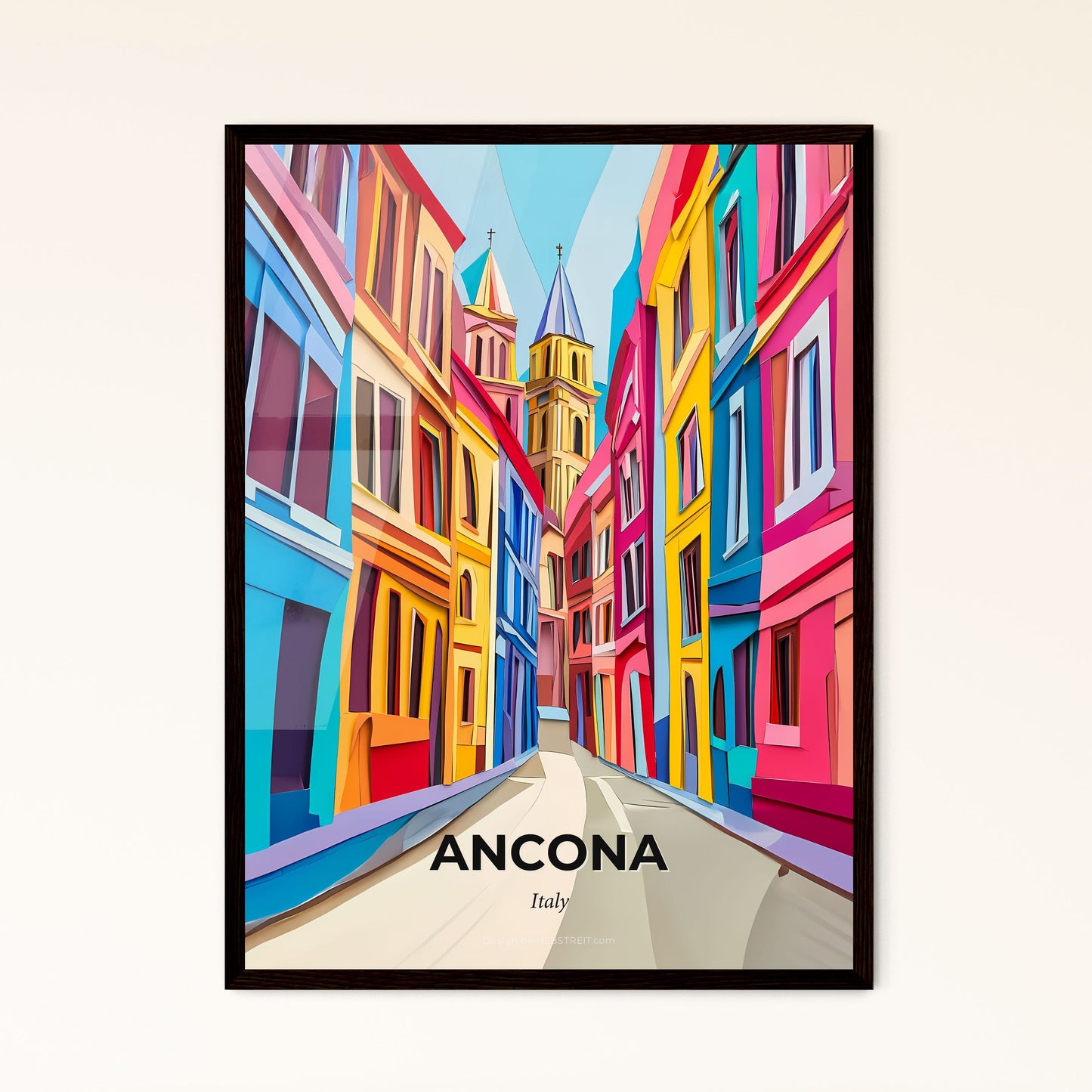 Vivid Ancona, Italy - a painting of a street with colorful buildings