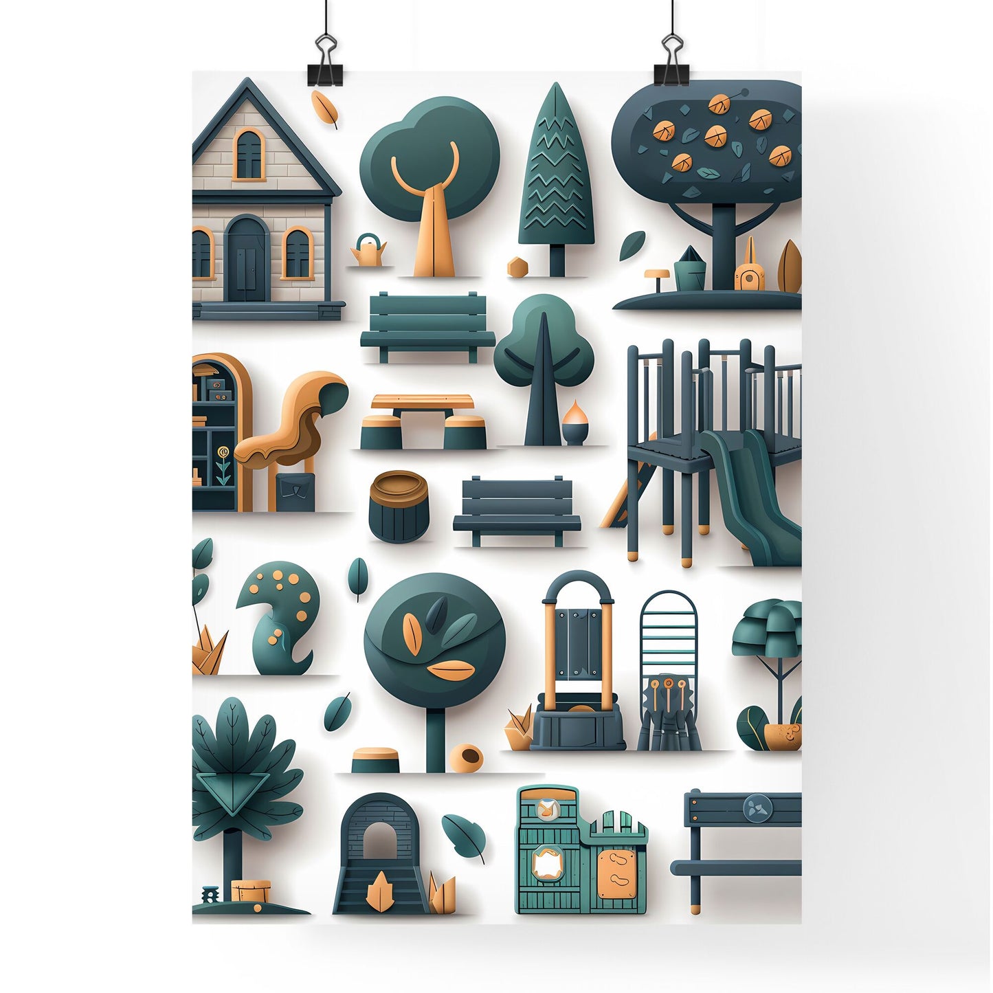 Detailed, geometric, street-savvy realistic urban scene icon set, with found objects, in green and navy, with subtle shading, on white background Default Title