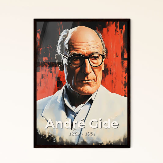 Portrait of André Gide, 1869 - 1951. Impressionistic painting of a man wearing glasses and a white coat.