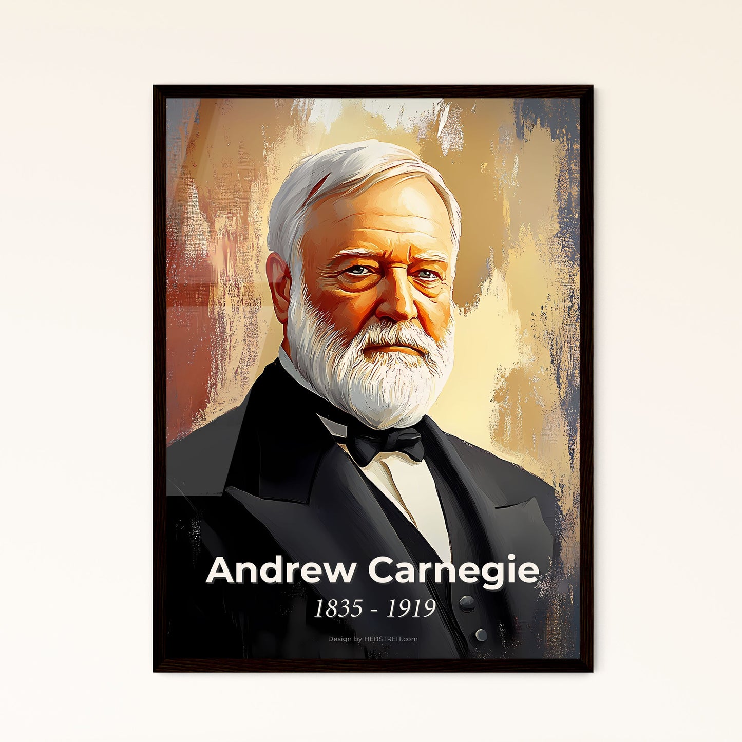 Portrait of Andrew Carnegie, 1835 - 1919. Impressionistic painting of a man with a white beard.