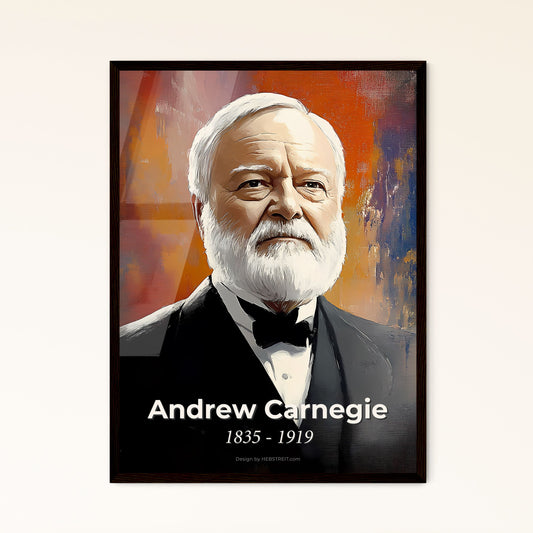 Portrait of Andrew Carnegie, 1835 - 1919. Impressionistic painting of a man in a suit.