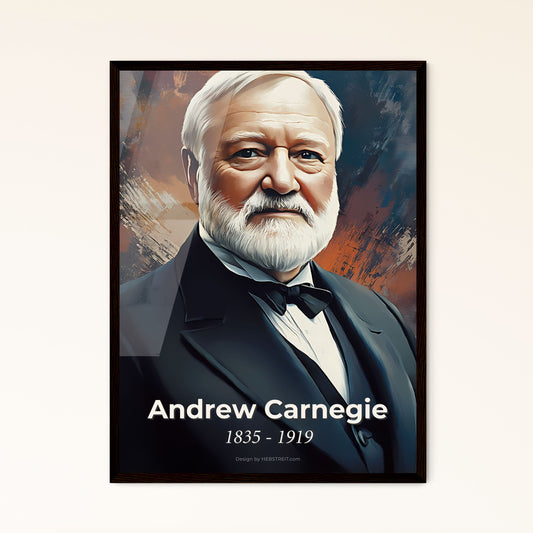 Portrait of Andrew Carnegie, 1835 - 1919. Impressionistic painting of a man with a white beard.