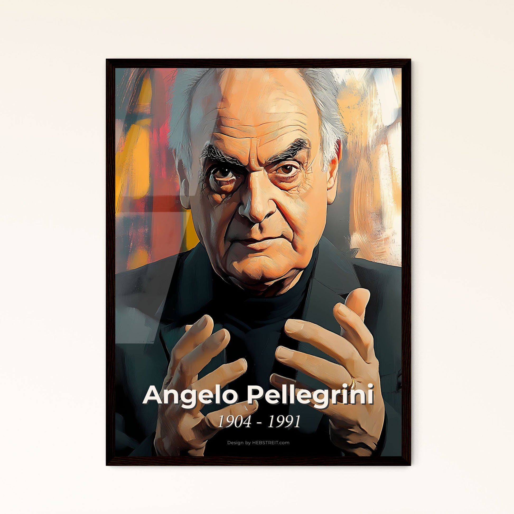 Portrait of Angelo Pellegrini, 1904 - 1991. Impressionistic painting of a man with his hands up.