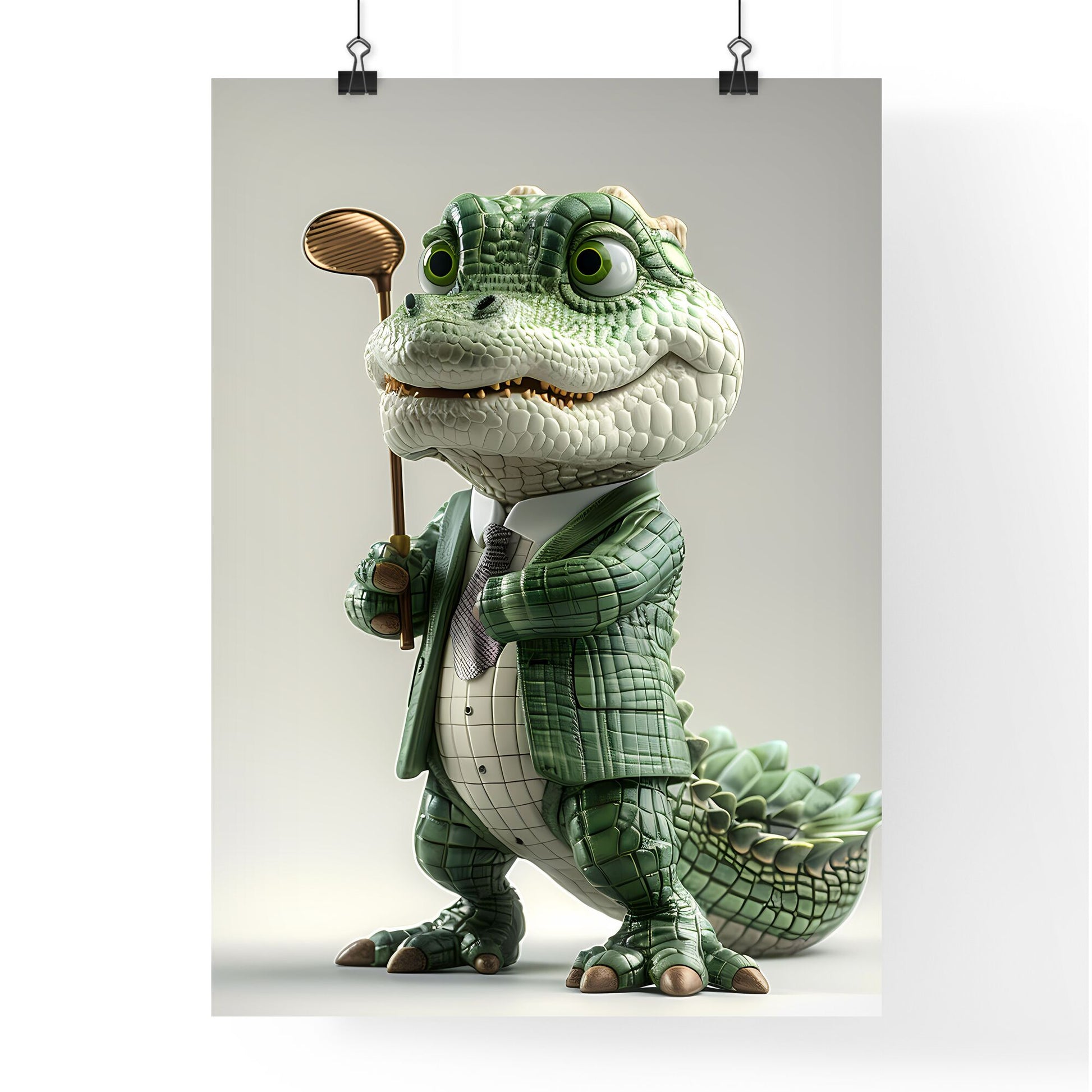 3D Cartoon Anthropomorphic Alligator Golfer Character Statue Holding Golf Club on Isolated White Background, Digital Art Default Title