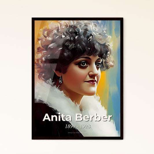 Portrait of Anita Berber, 1899 - 1928. Impressionistic painting of a woman with curly hair and a white fur collar.