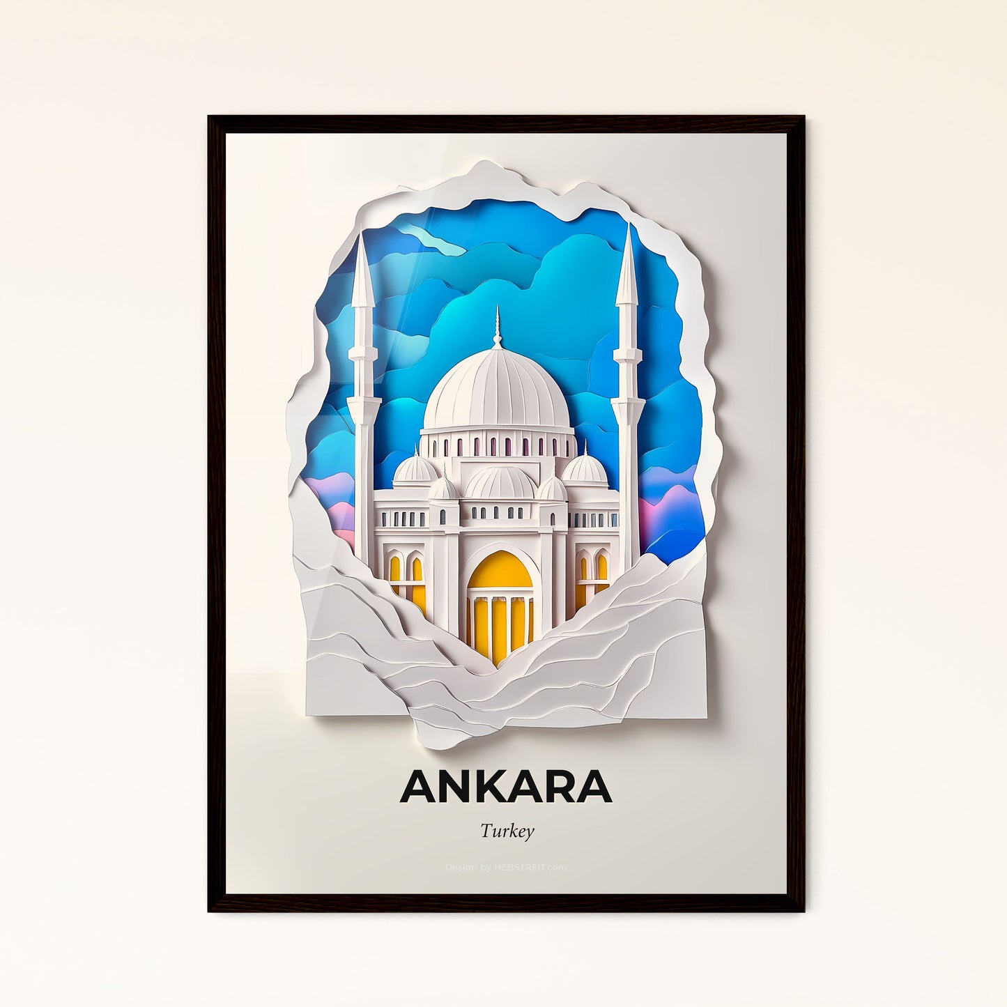 Vivid Ankara, Turkey - a paper cut of a mosque with a sky background