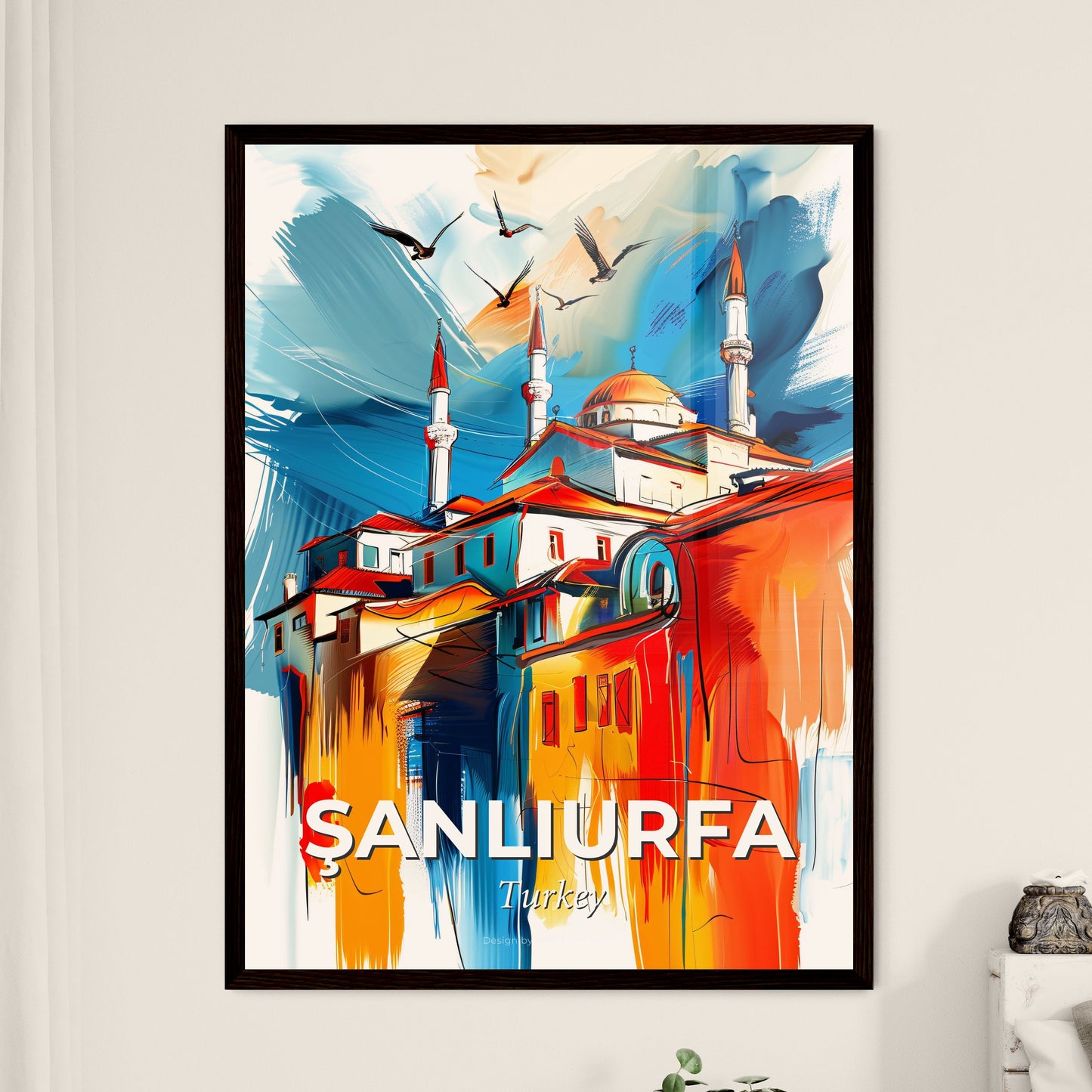 Vibrant Şanliurfa, Turkey - A Painting Of A Building With Towers And Birds Flying