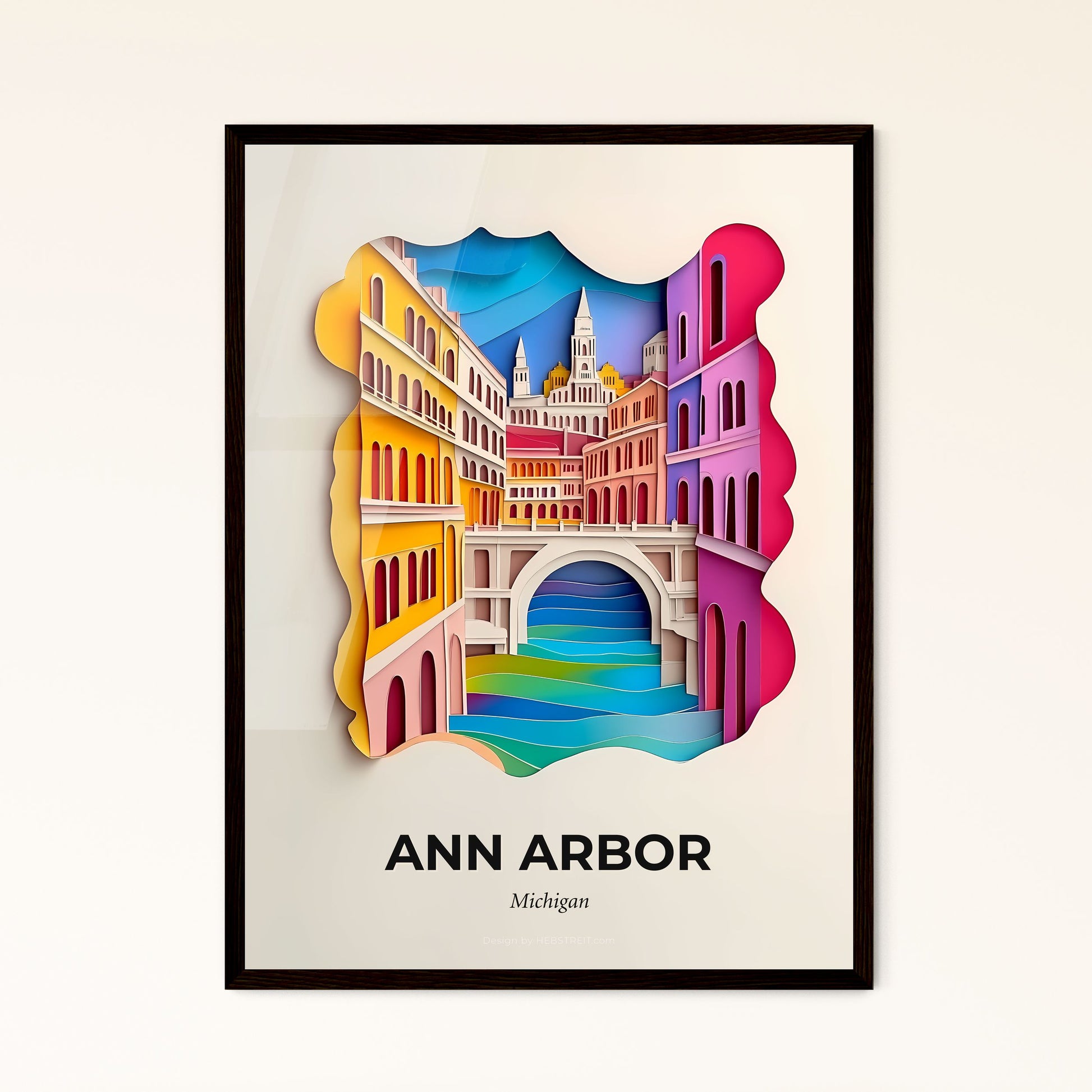 Vivid Ann Arbor, Michigan - a paper cut of a city with a bridge