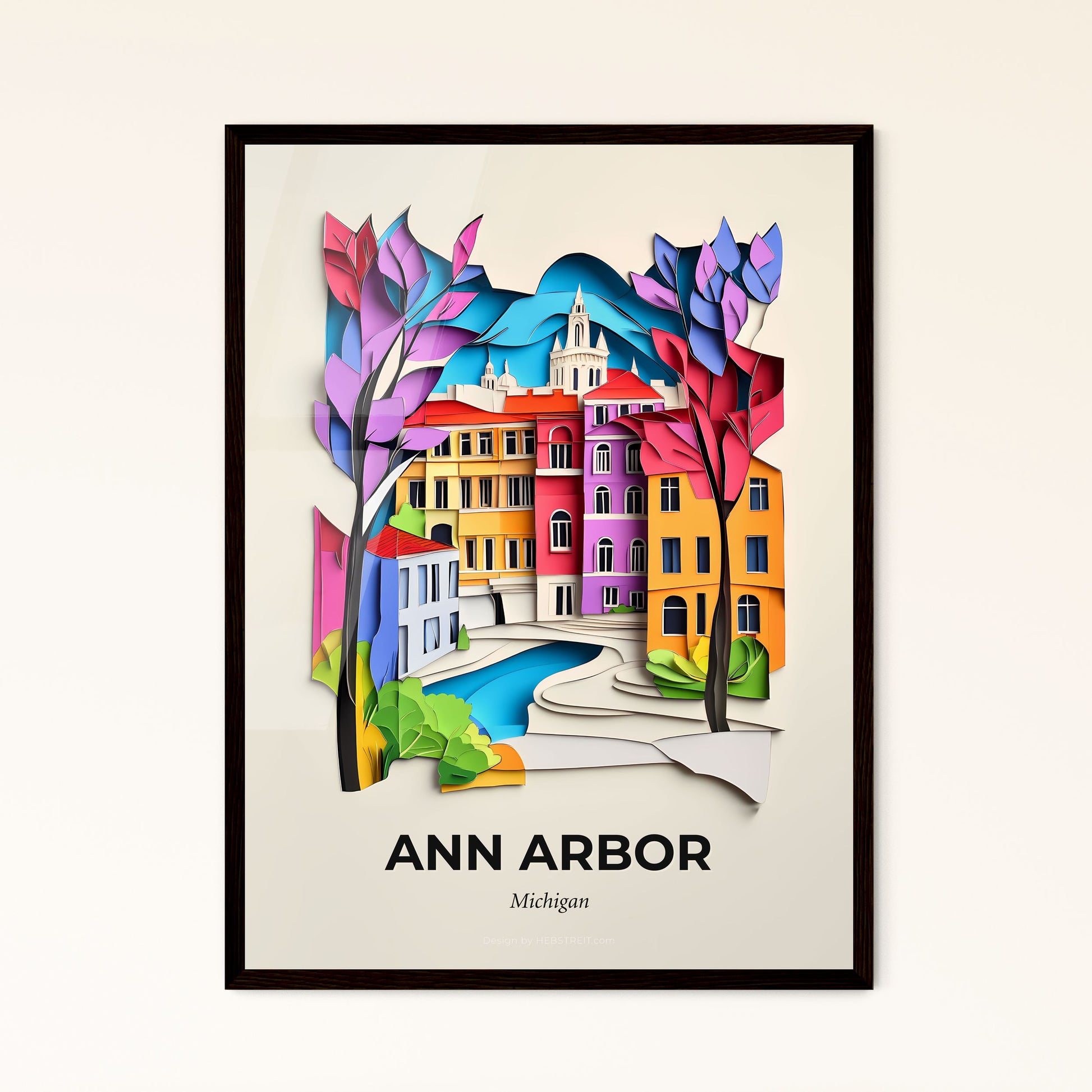 Vivid Ann Arbor, Michigan - a paper cut of a city with a river