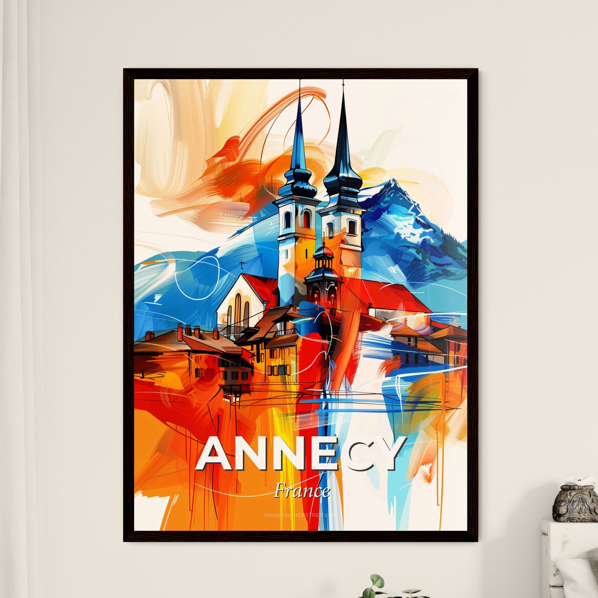 Vibrant Annecy, France - A Painting Of A Skyline With A Colorful Building