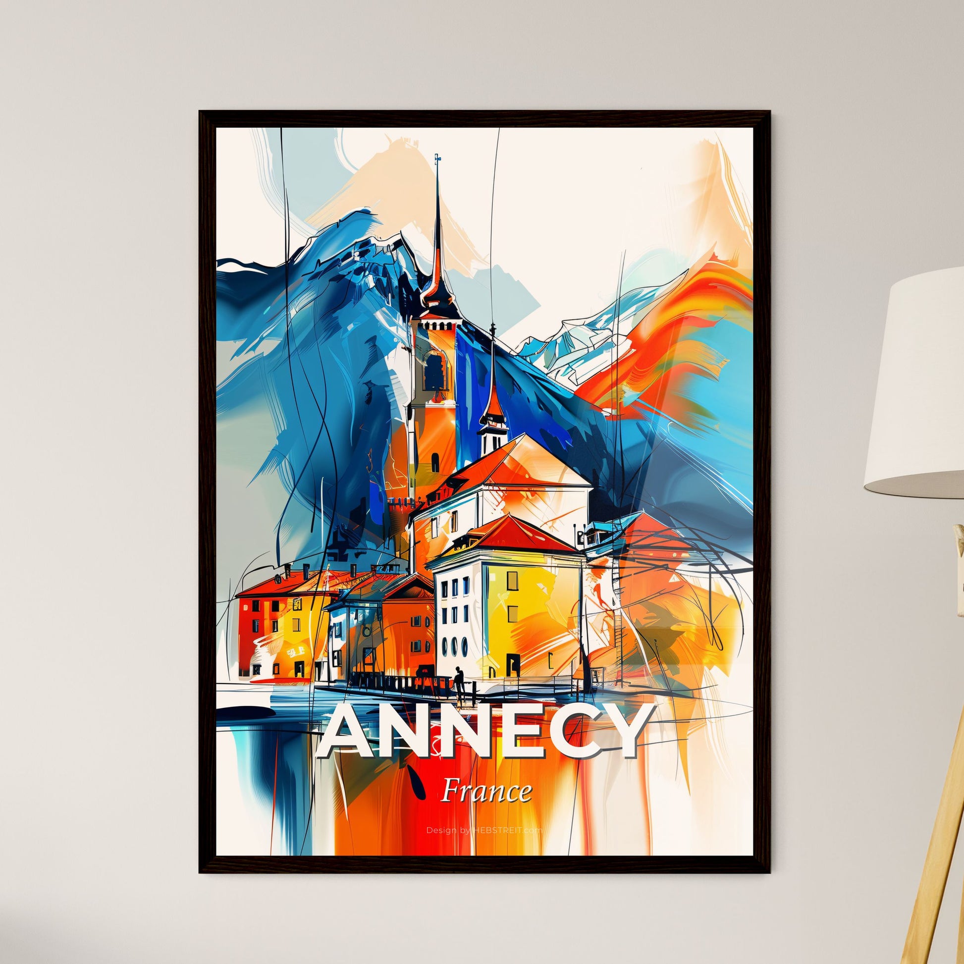 Vibrant Annecy, France - A Painting Of A Building And Mountains